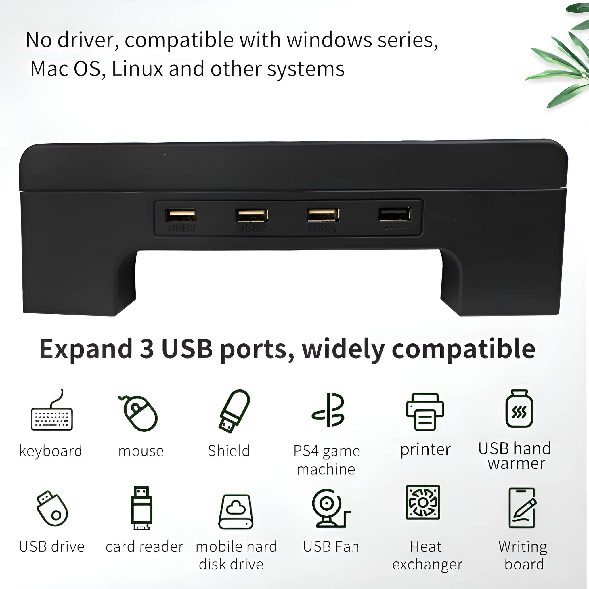 Schwarzer USB-Hub mit 3 Anschlüssen und Symbolen für Tastatur, Maus, USB-Stick und mehr.