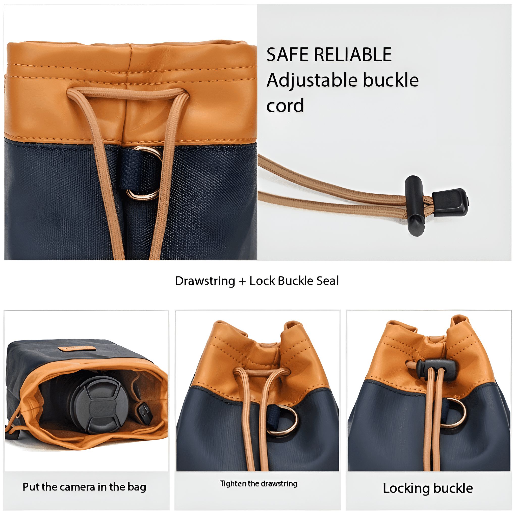 Eine Kameraschnurtasche in drei Phasen. Die Tasche ist braun und marineblau.