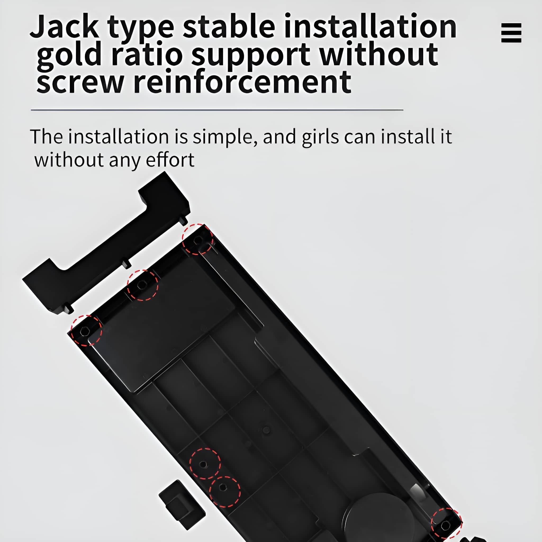 Ein schwarzes Gerät zeigt die Befestigungspunkte mit der Installationsanleitung.