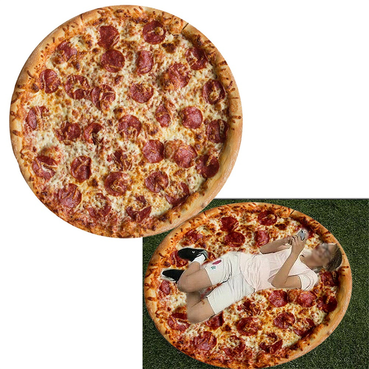 Zwei Pizzen. Eine ganz, die andere mit einer Person, die darauf liegt und ein Telefon hält.