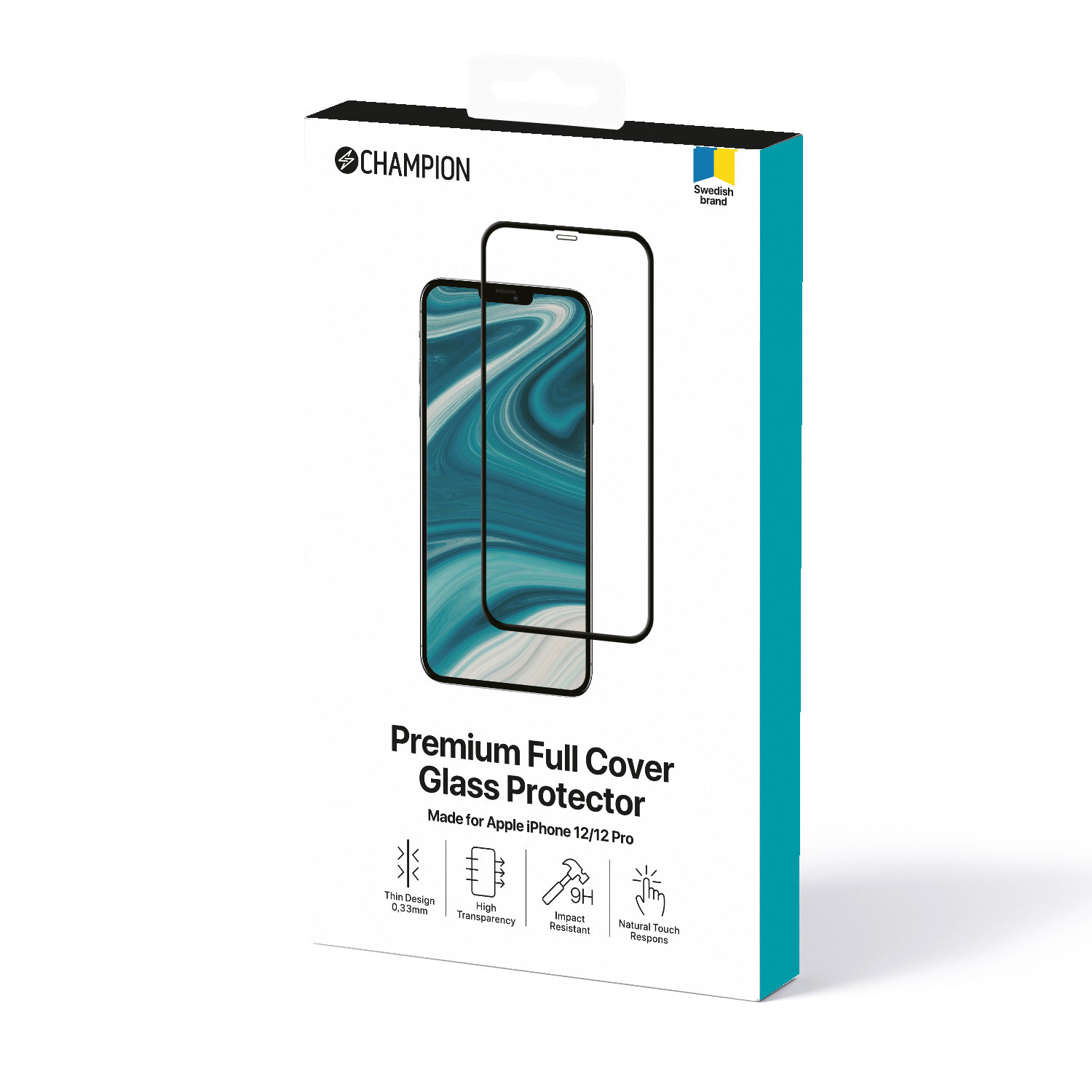 Una scatola per la protezione dello schermo del telefono. Dice 'Champion' e 'Premium Full Cover Glass Protector'. È per iPhone 12/12 Pro.