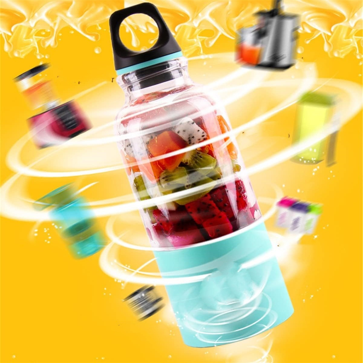 Mixerflasche mit Früchten, andere Mixer im Hintergrund.