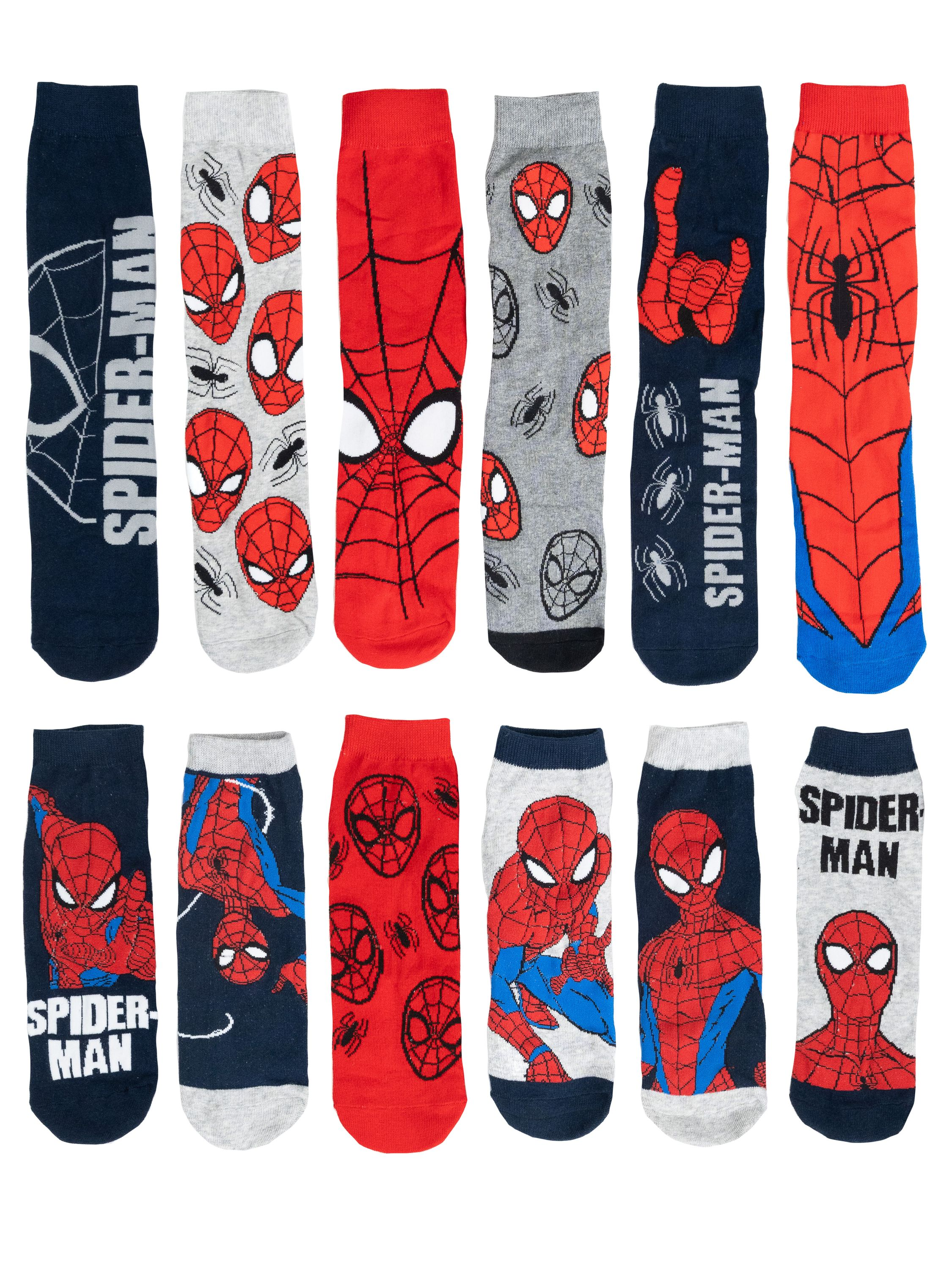 Ein Satz Spider-Man-Socken mit verschiedenen Designs, flach ausgelegt.