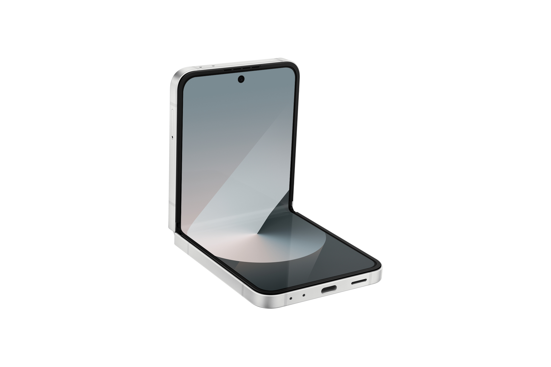 Srebrny składany smartfon, wyświetlany otwarty, pokazujący jasny ekran.