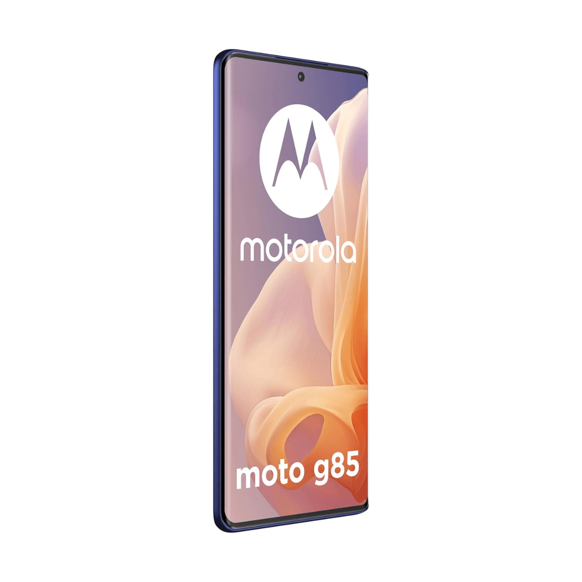 Niebieski smartfon Motorola Moto g85, z włączonym ekranem i cienką ramką.