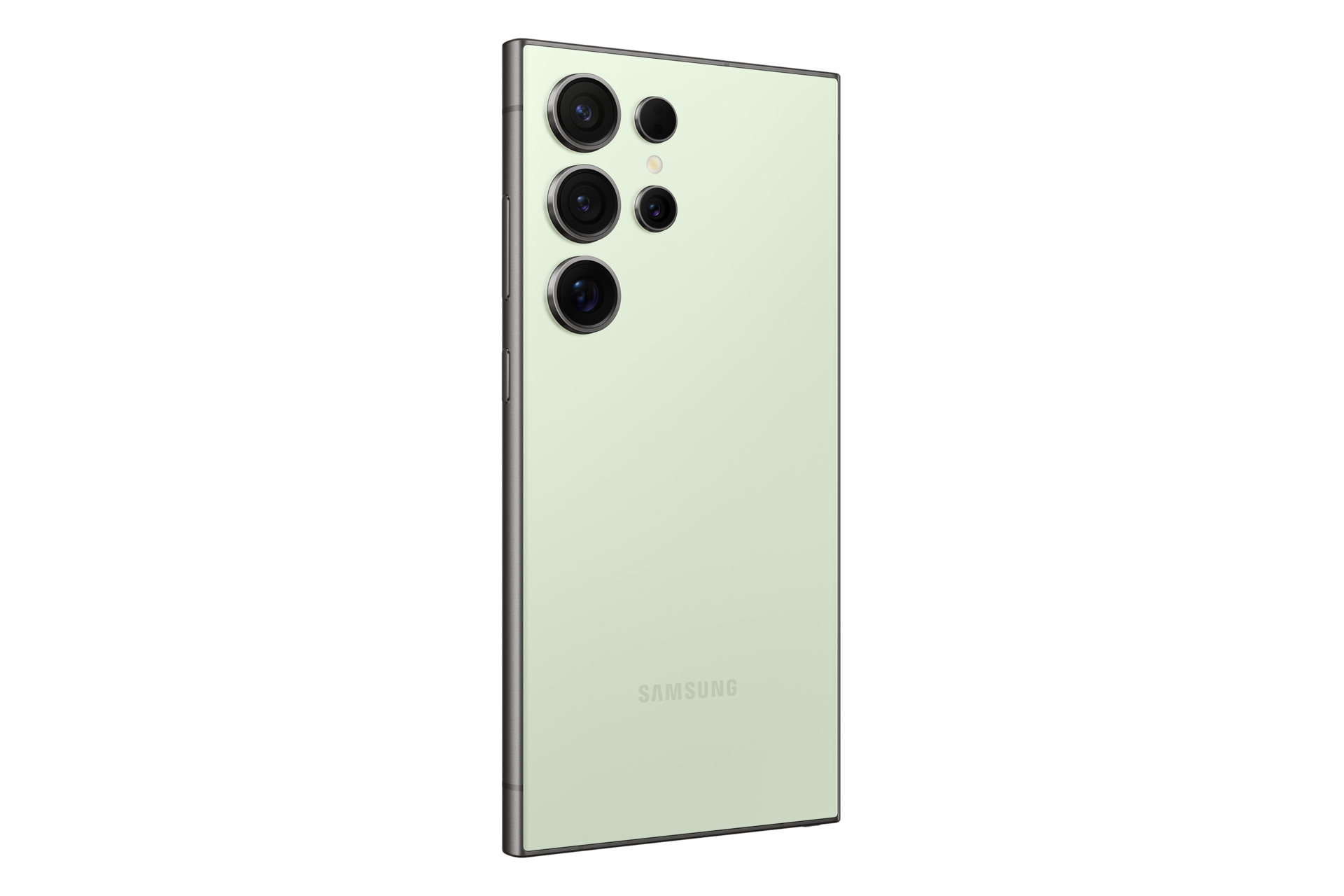 Un smartphone verde con varias cámaras traseras, logo Samsung y diseño plano.