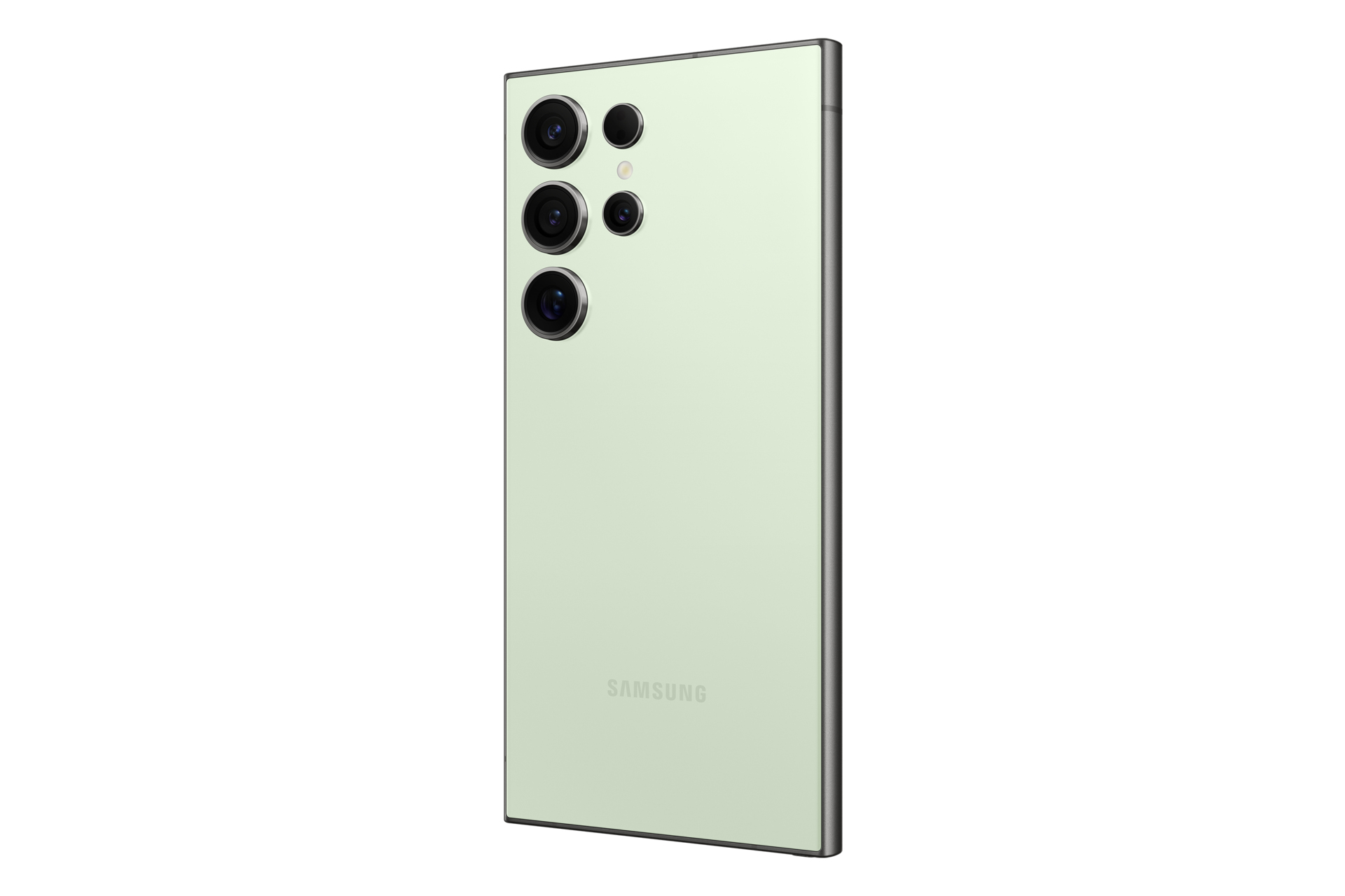 Un smartphone verde claro, con una configuración de triple cámara.
