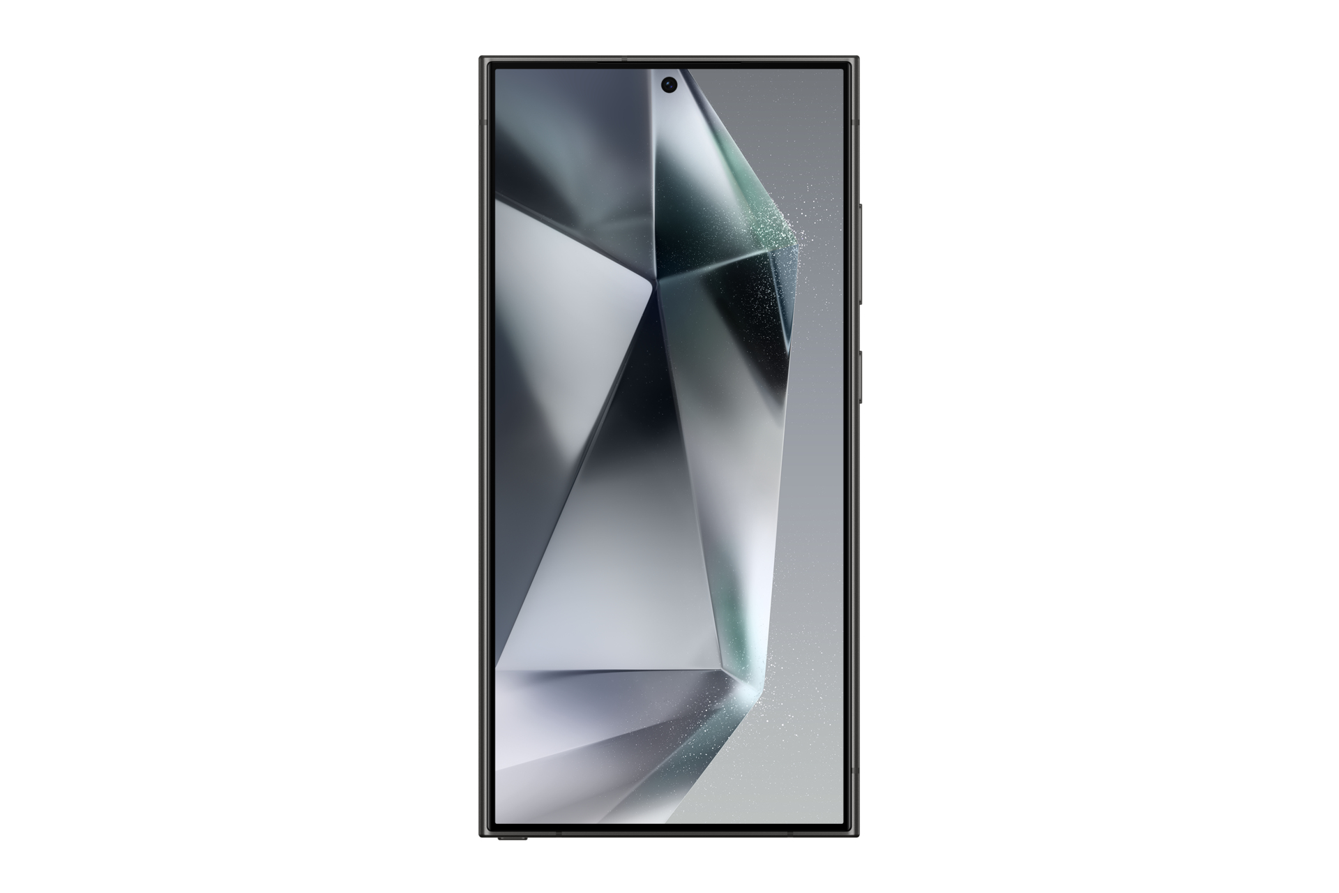 Un teléfono inteligente negro con pantalla completa, vista frontal.