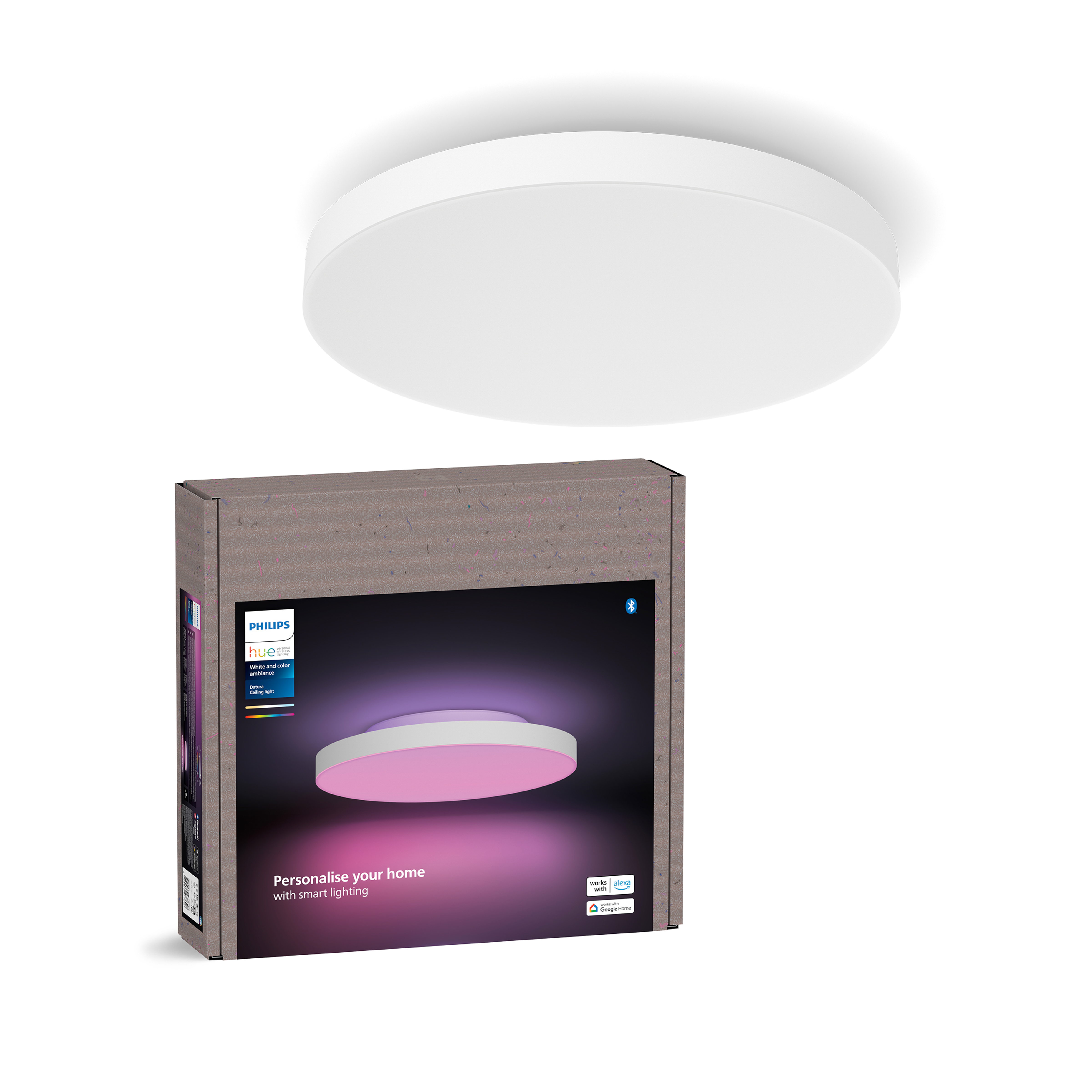 Biała okrągła lampa sufitowa i pudełko Philips Hue. Białe tło.