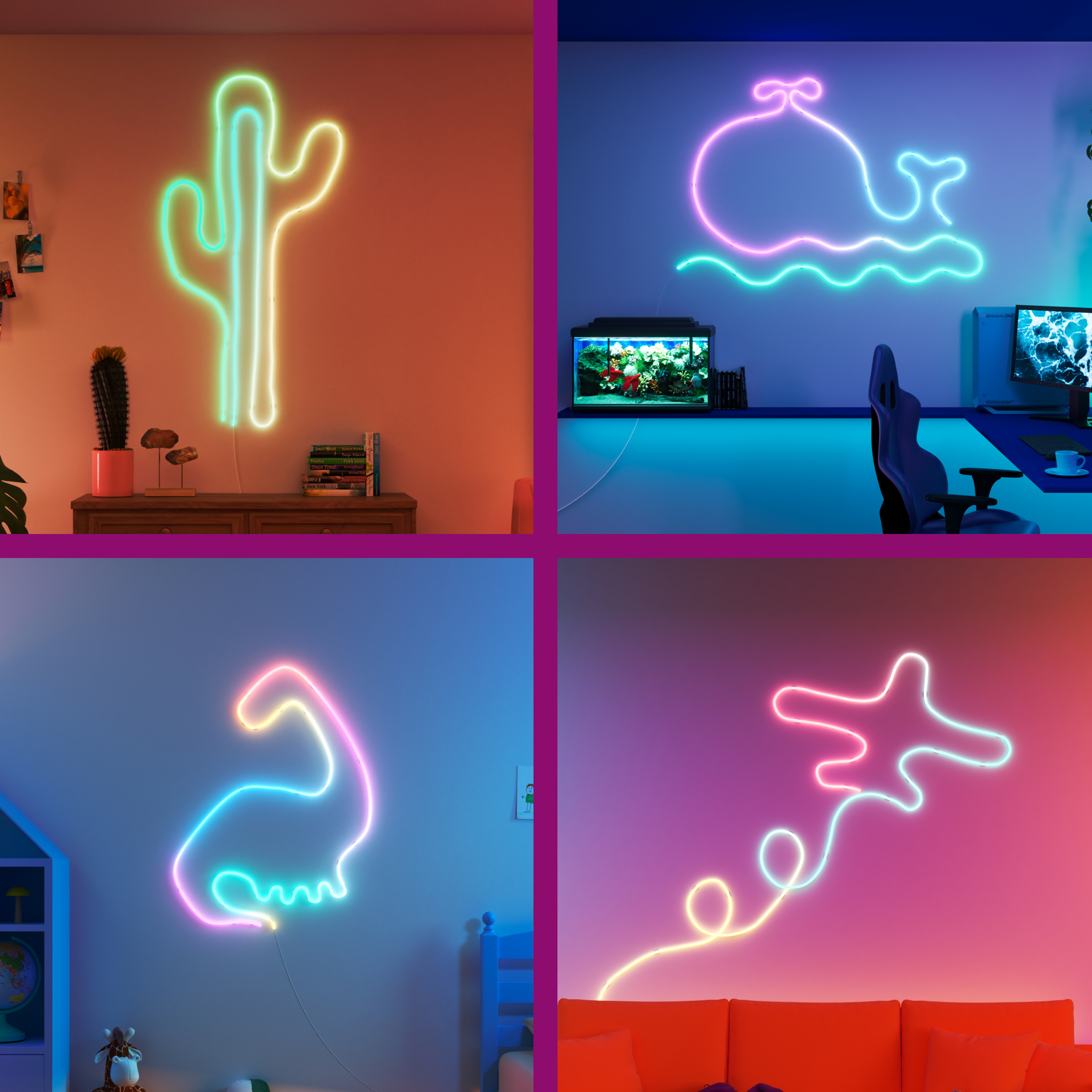 Four neon light shapes: cactus, whale, dinosaur, and airplane. They are on colorful walls.