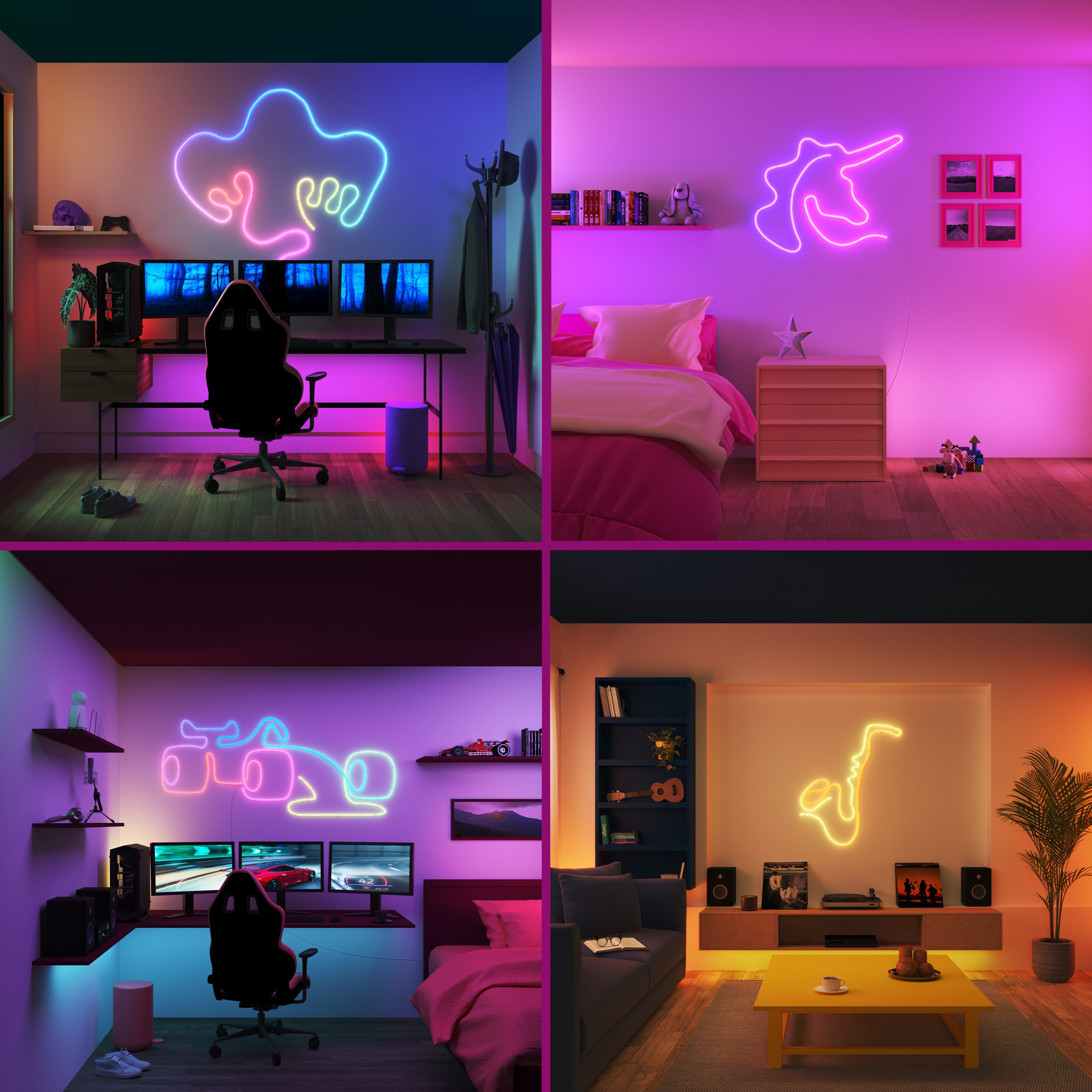 Four images of rooms with neon light art: cloud, unicorn, race car, and saxophone shapes.