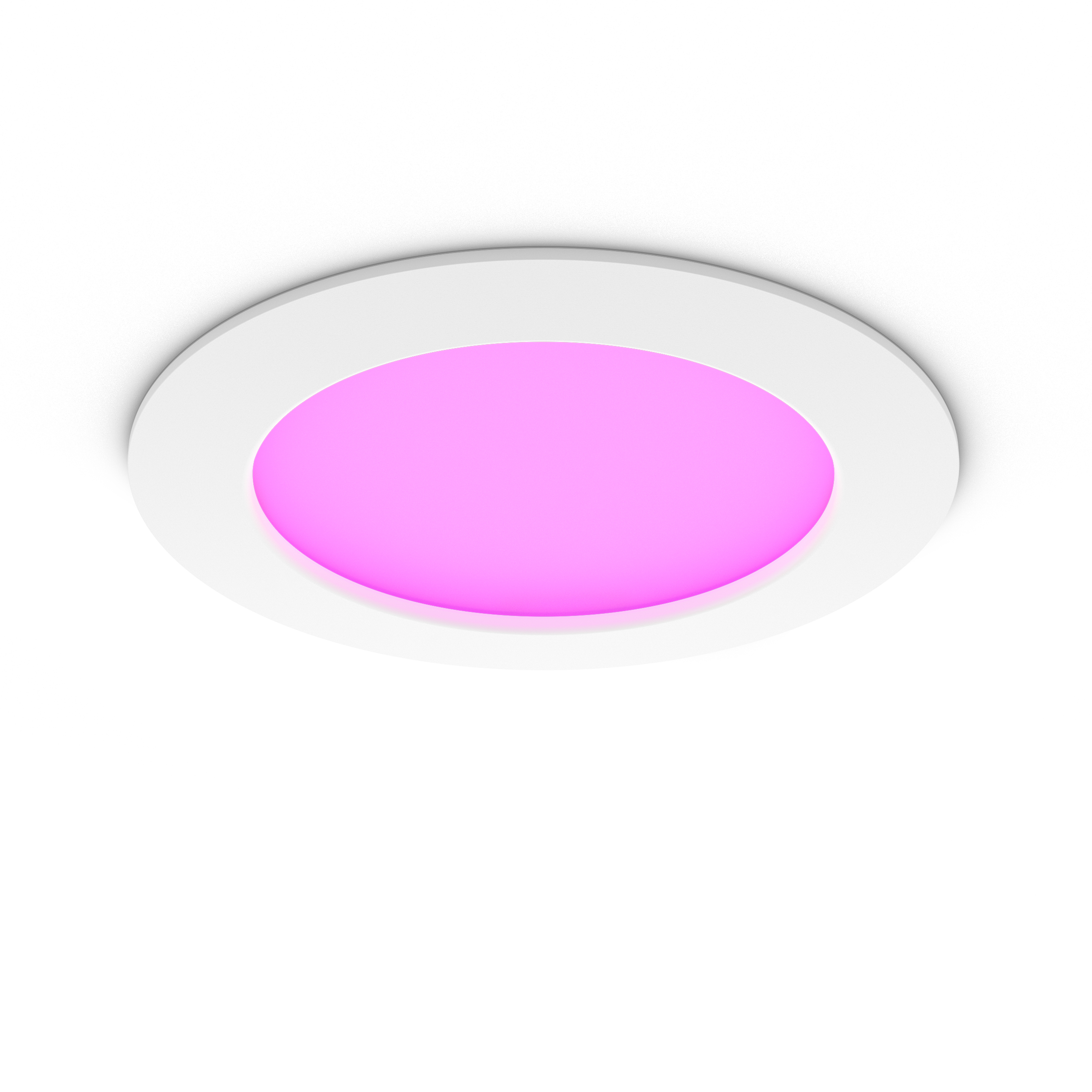 Eine weiße, kreisförmige Einbauleuchte mit rosa Mittelpunkt.