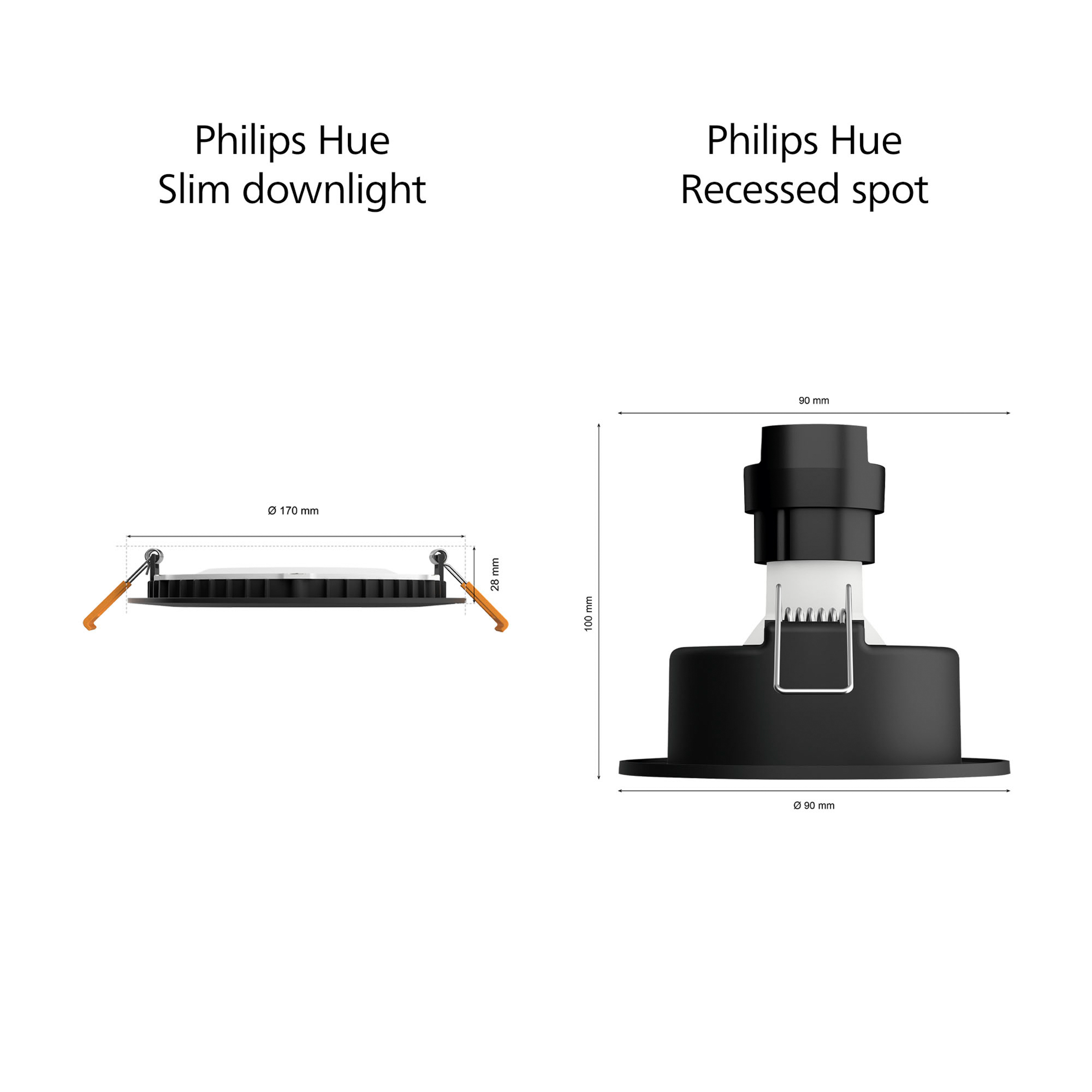 Diagrammes des Philips Hue slim downlight et spot encastré, avec dimensions et étiquettes.