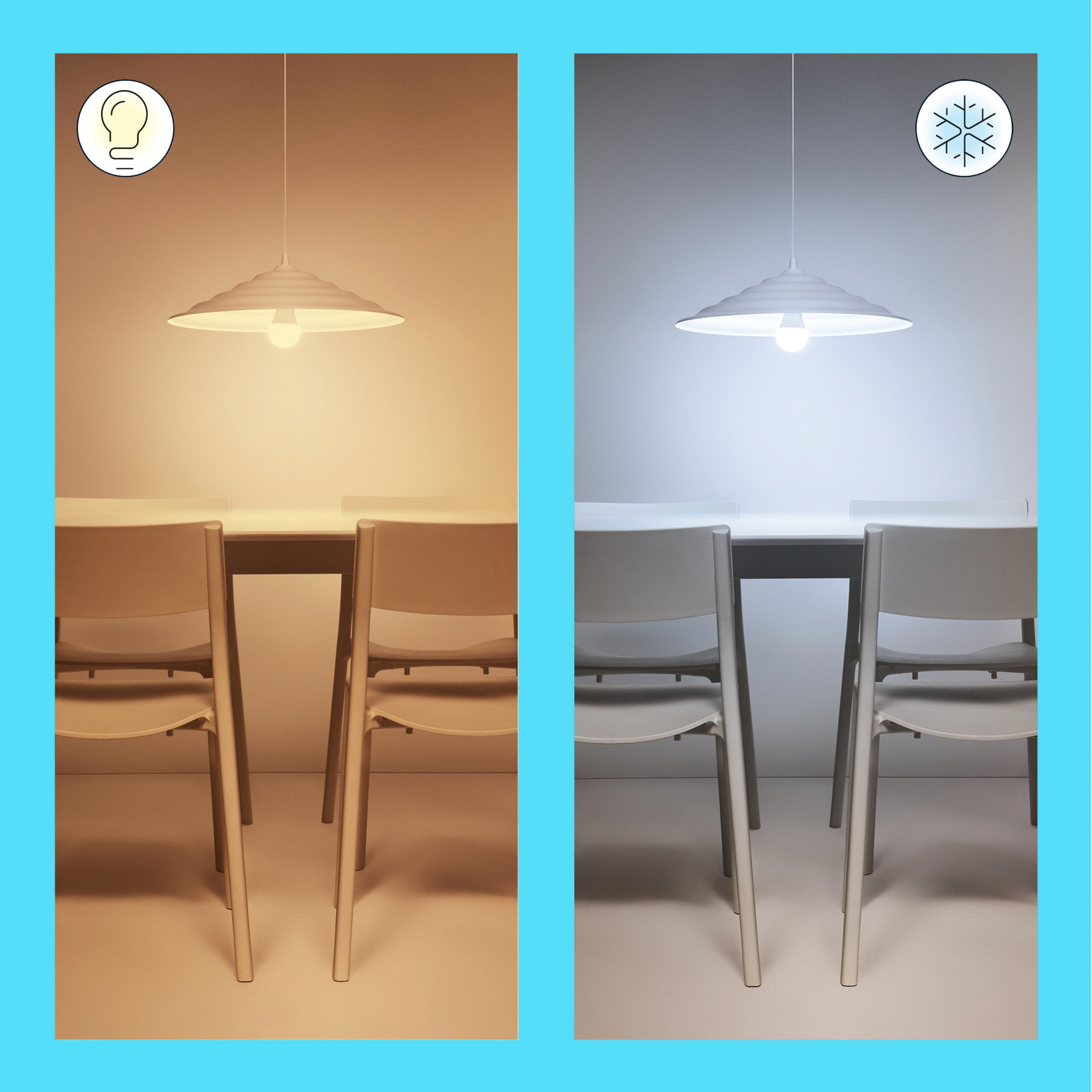 Twee afbeeldingen tonen een lamp met warm en koud licht, boven een tafel met stoelen.