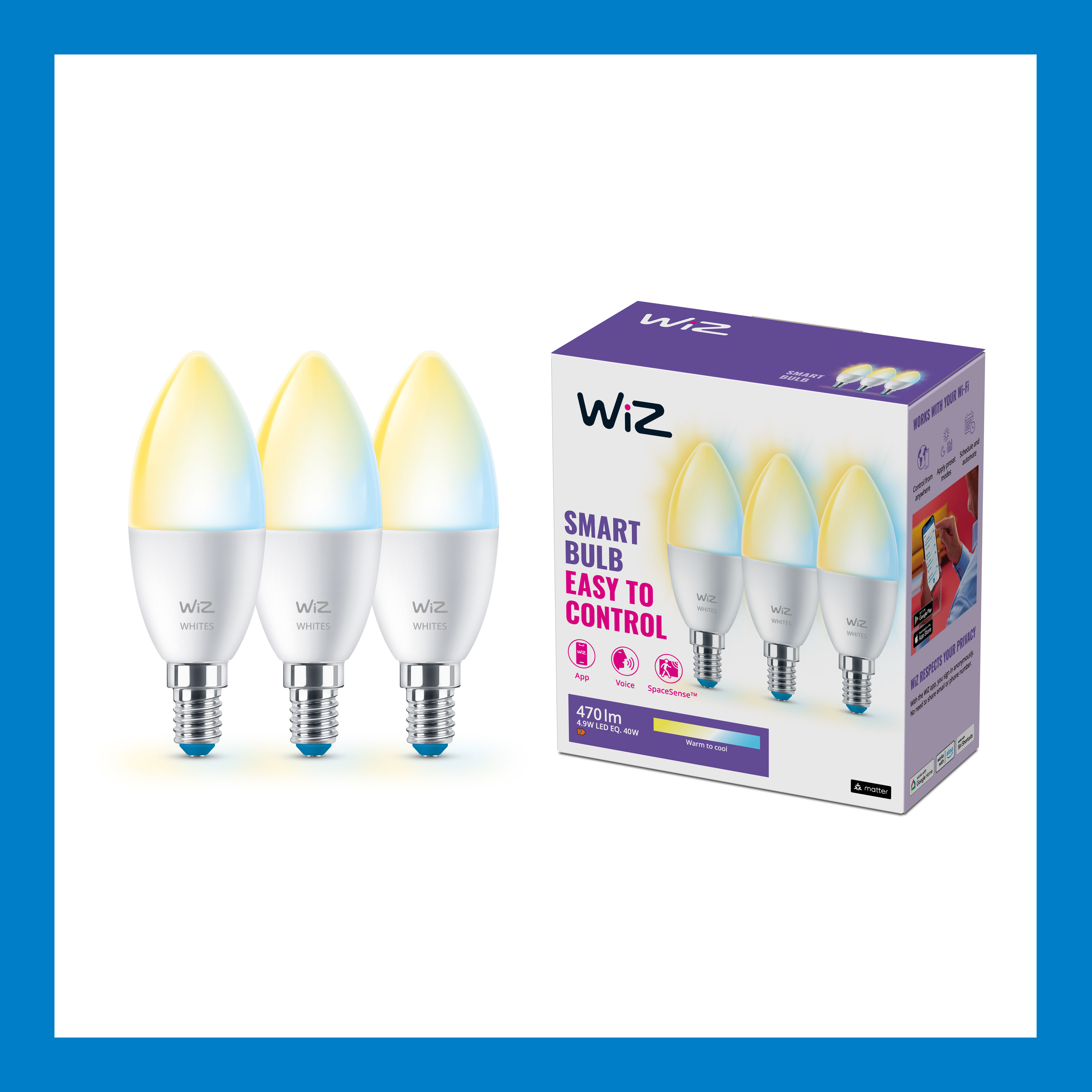 Lampen in een doos. Drie lampen branden en staan naast de doos, die beschreven is.