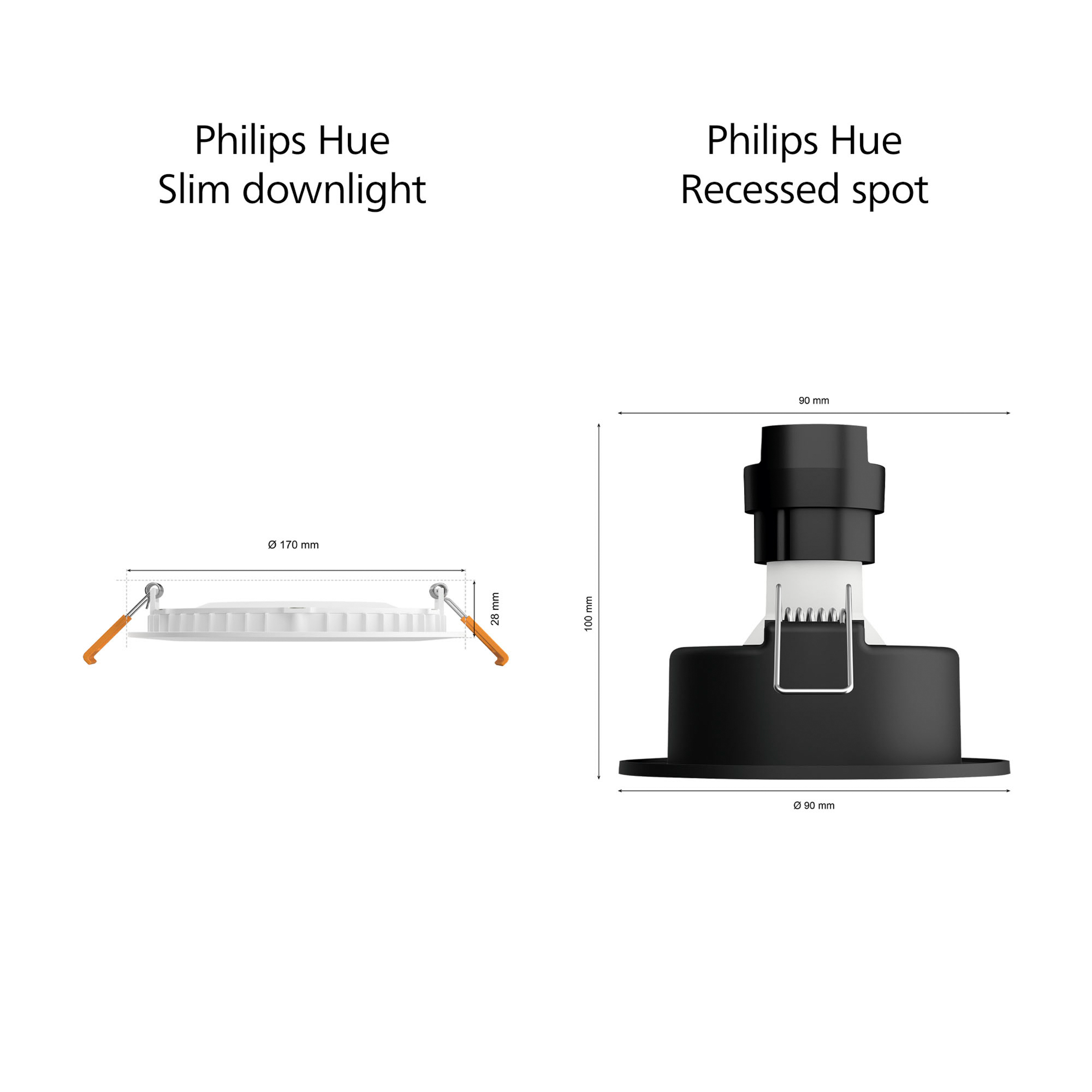 Diagramm von Philips Hue Slim Downlight und Recessed Spot. Abmessungen und Design-Details sind im Diagramm dargestellt.