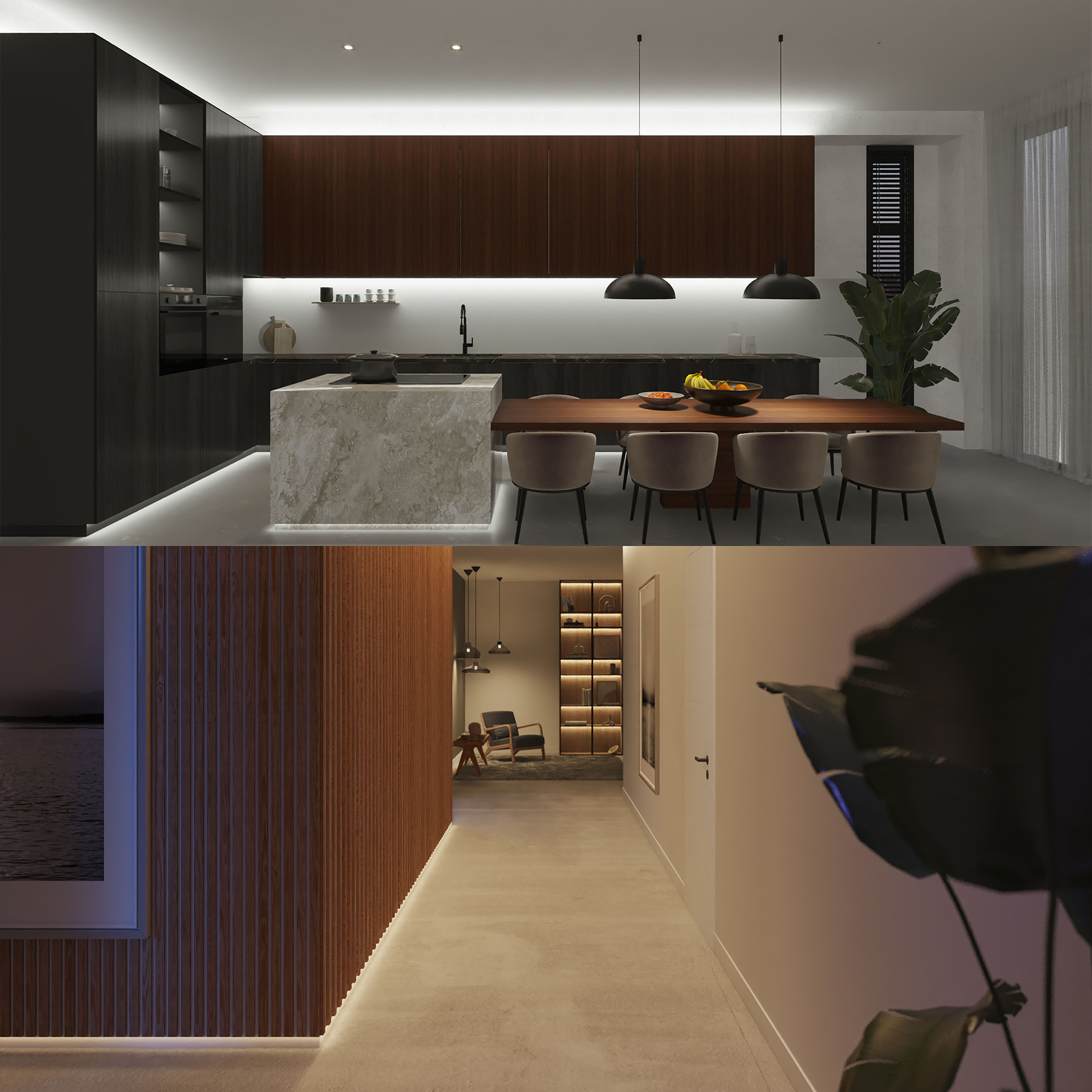 Nowoczesna kuchnia z ciemnymi szafkami, marmurową wyspą, drewnianym stołem i krzesłami. Duża roślina i światła.