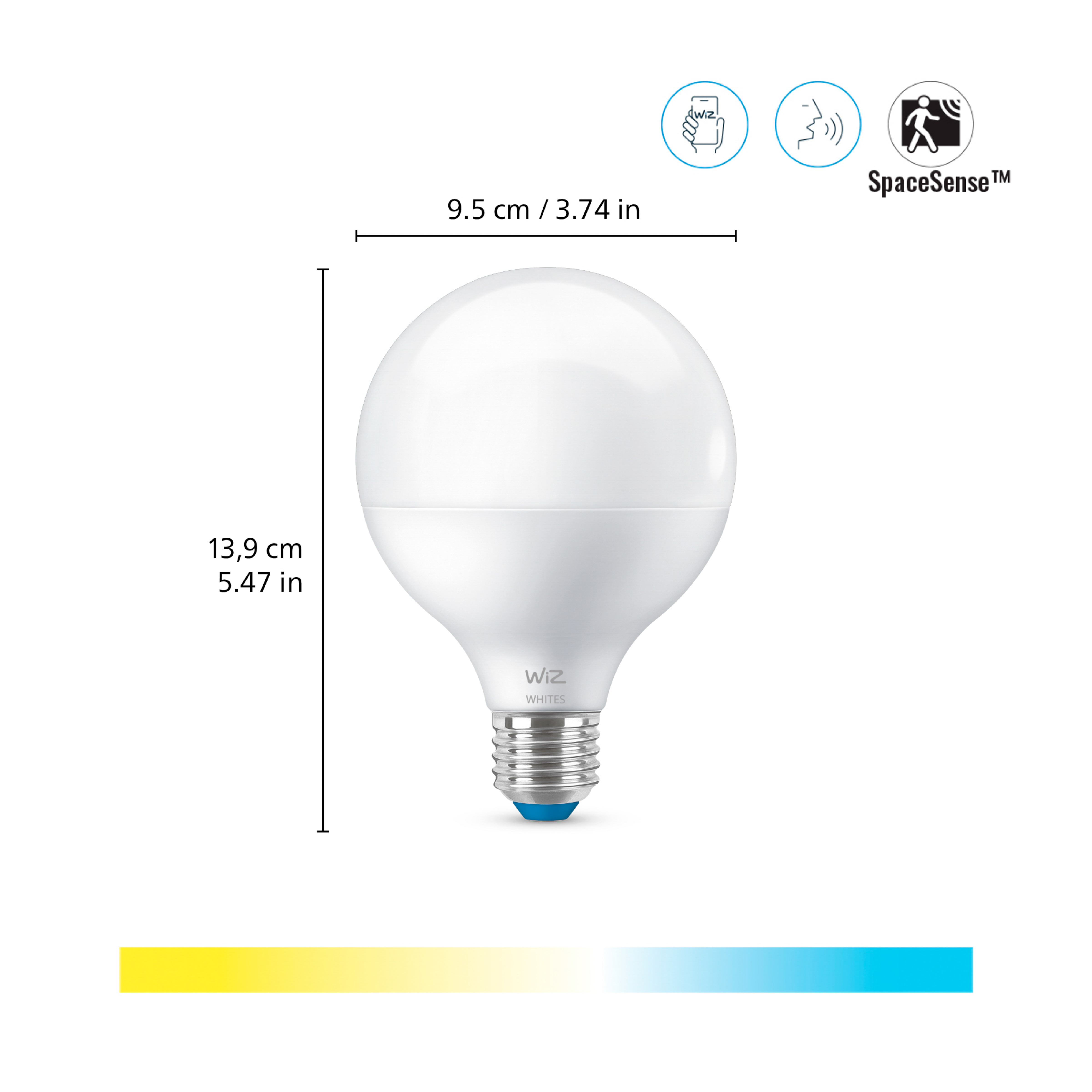 Bombilla inteligente - WIZ LED, Casquillo E27, Control por voz, Luz blanca cálida a fría