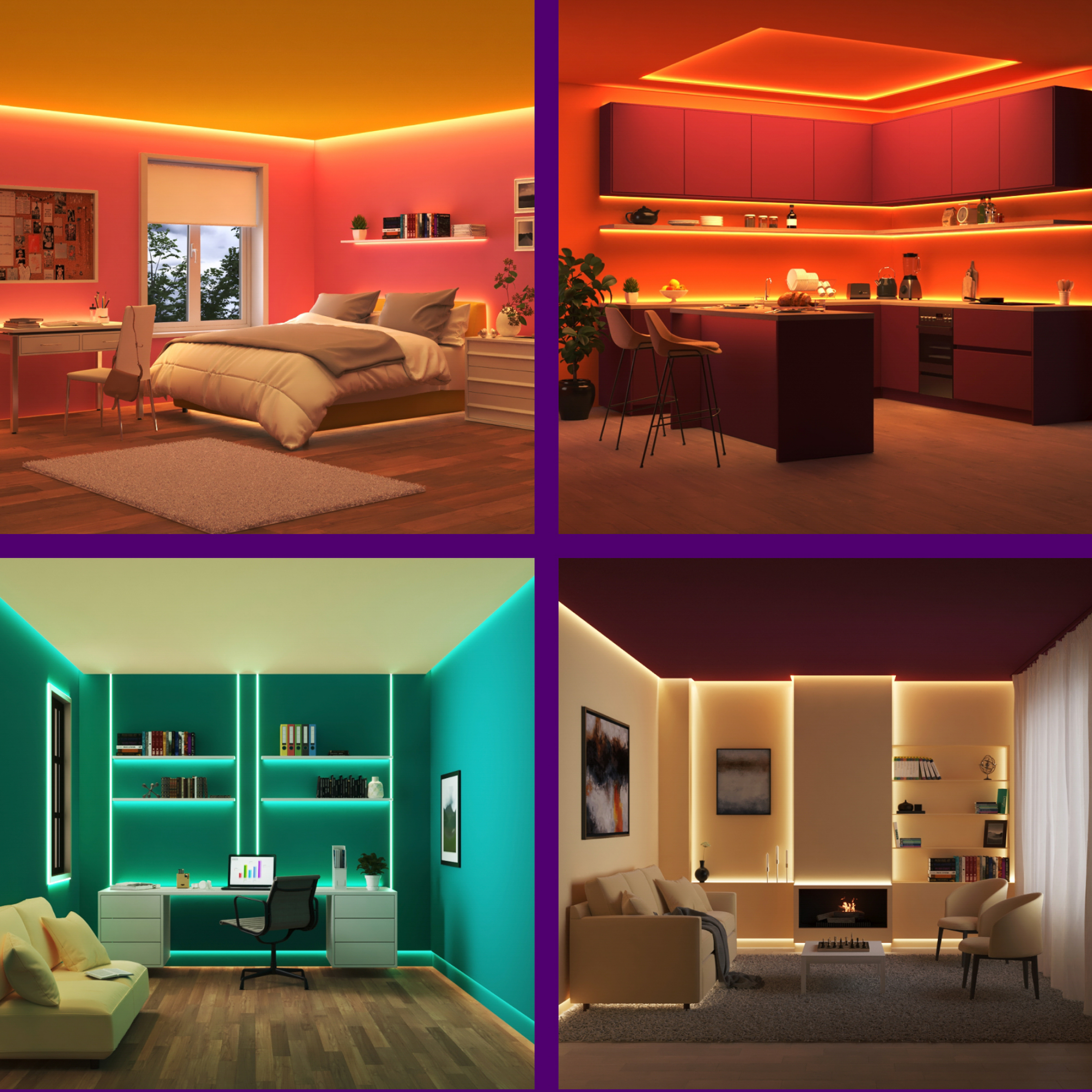 Quattro immagini che mostrano stanze con strisce luminose a LED. Ogni stanza ha diversi schemi di illuminazione a colori.
