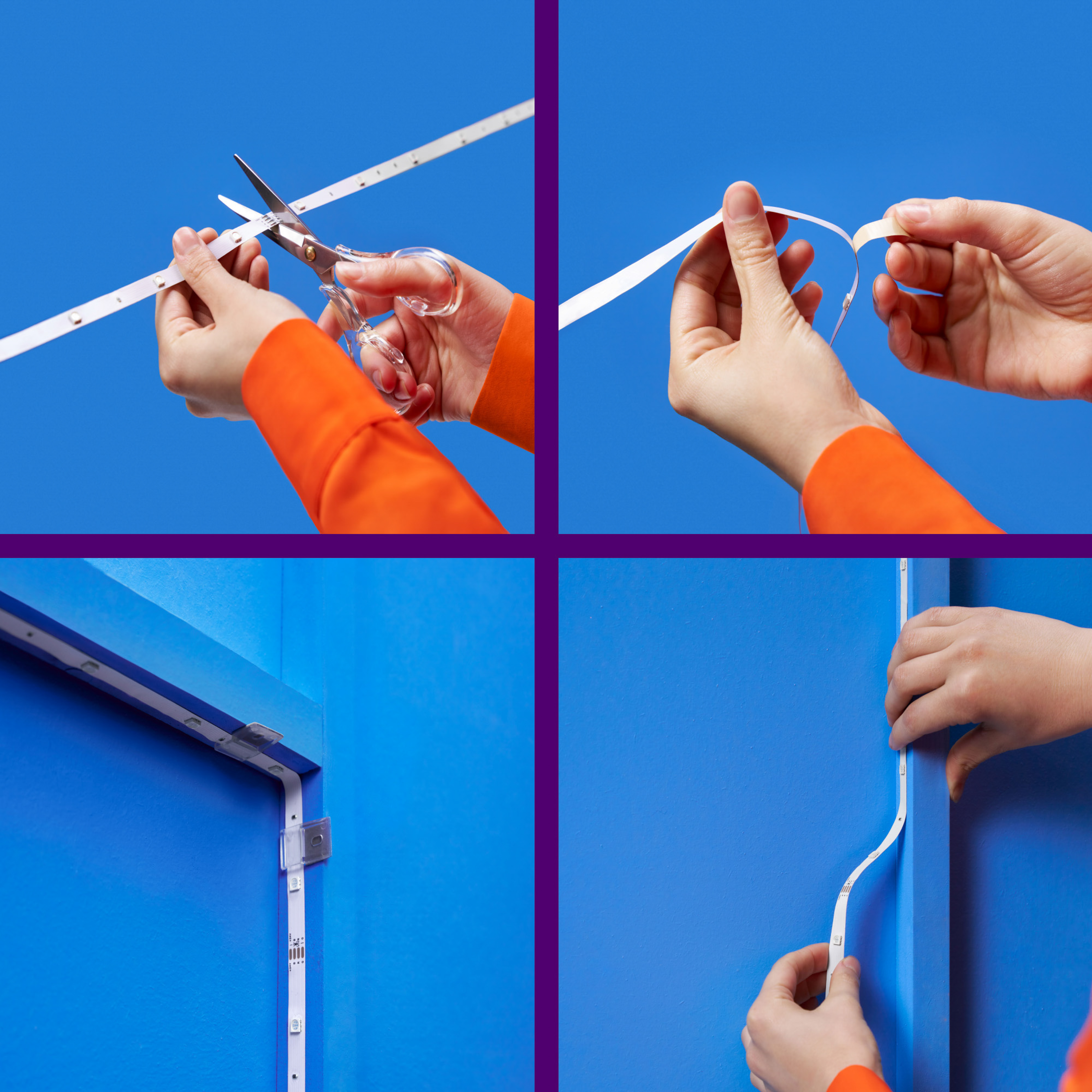 Guida passo passo che mostra come tagliare e applicare strisce LED a un telaio della porta e a una parete.
