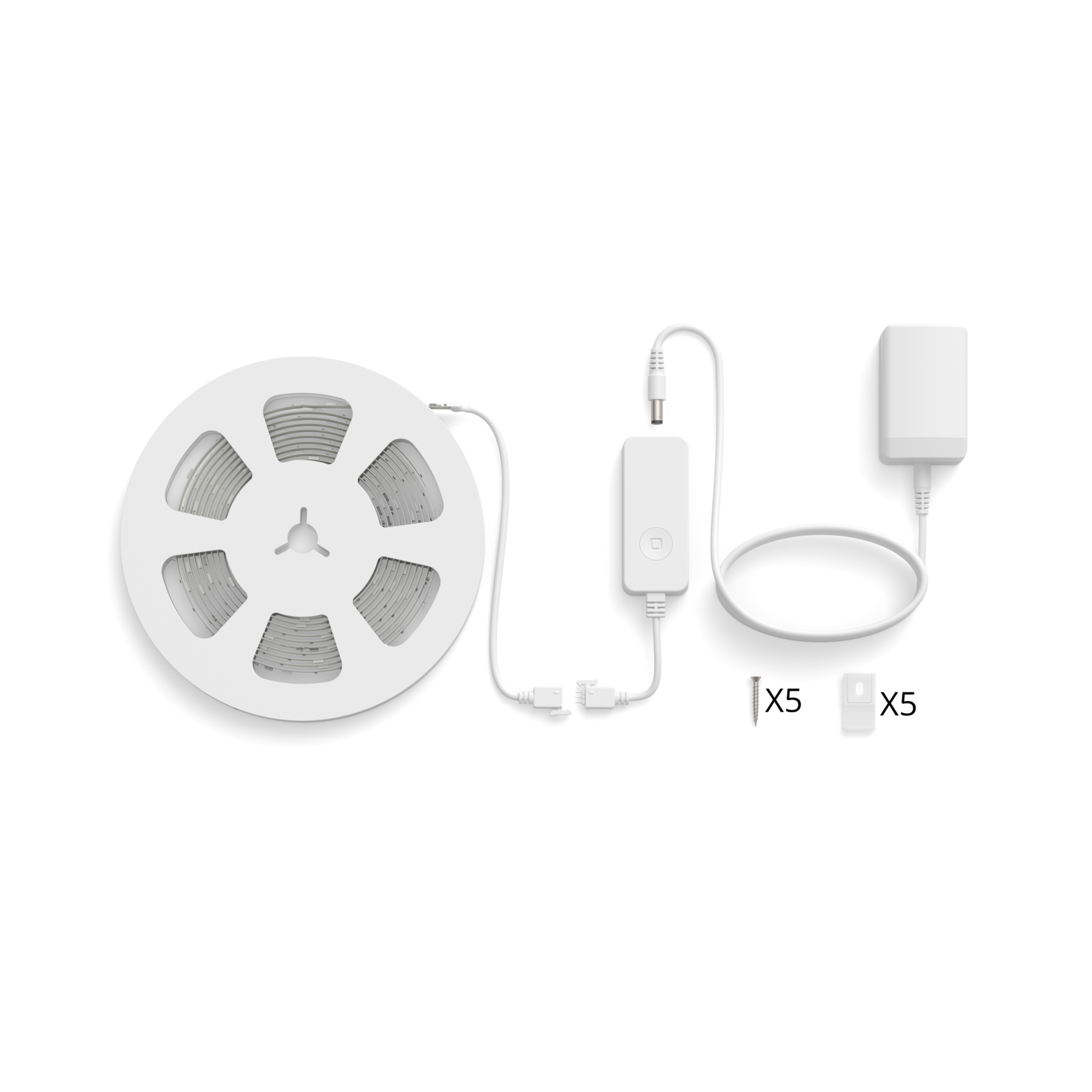 Un rotolo di strisce luminose a LED bianche con alimentatore, controller e due piccoli connettori. Tutto bianco.