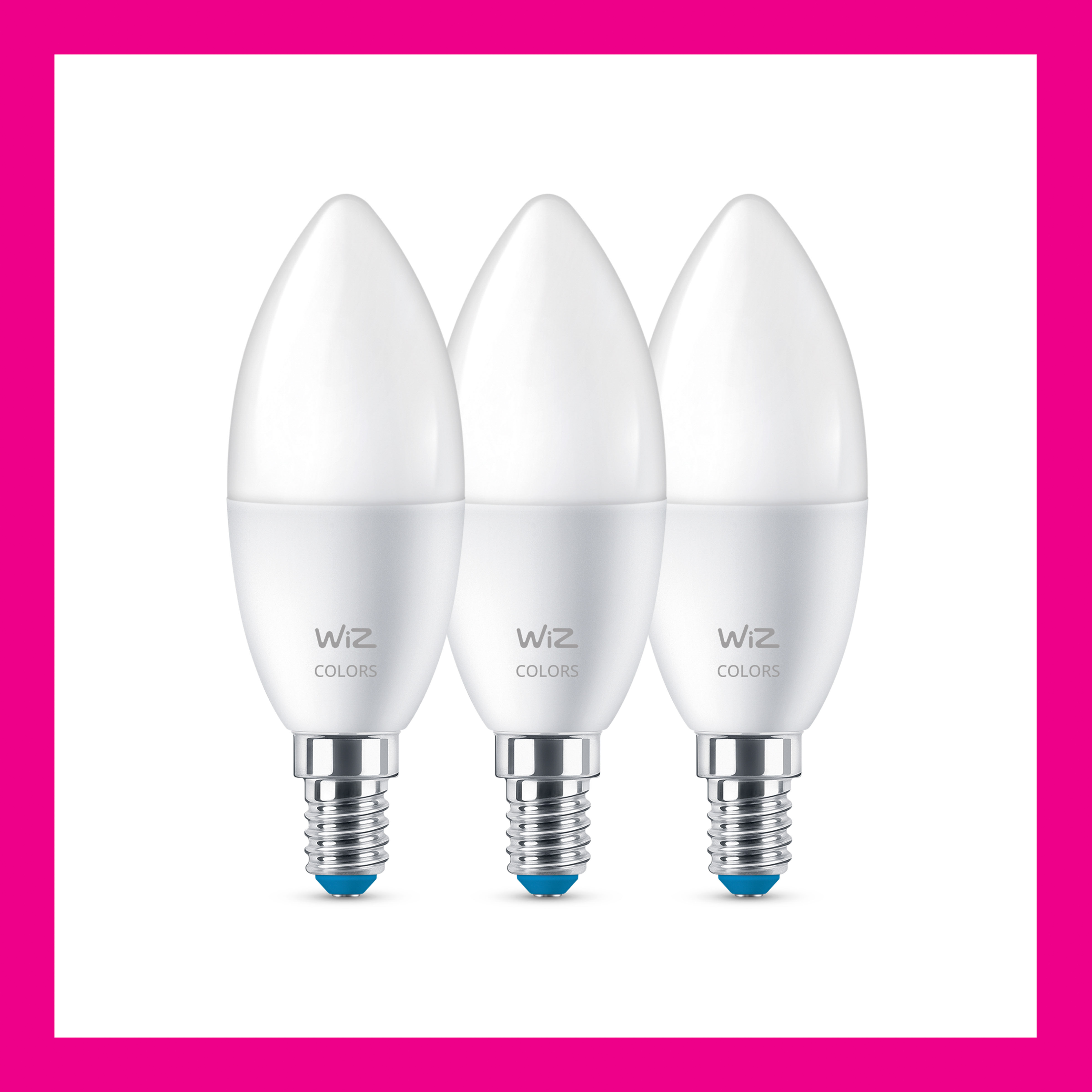 Drie witte, kaarsvormige gloeilampen. Roze kader.