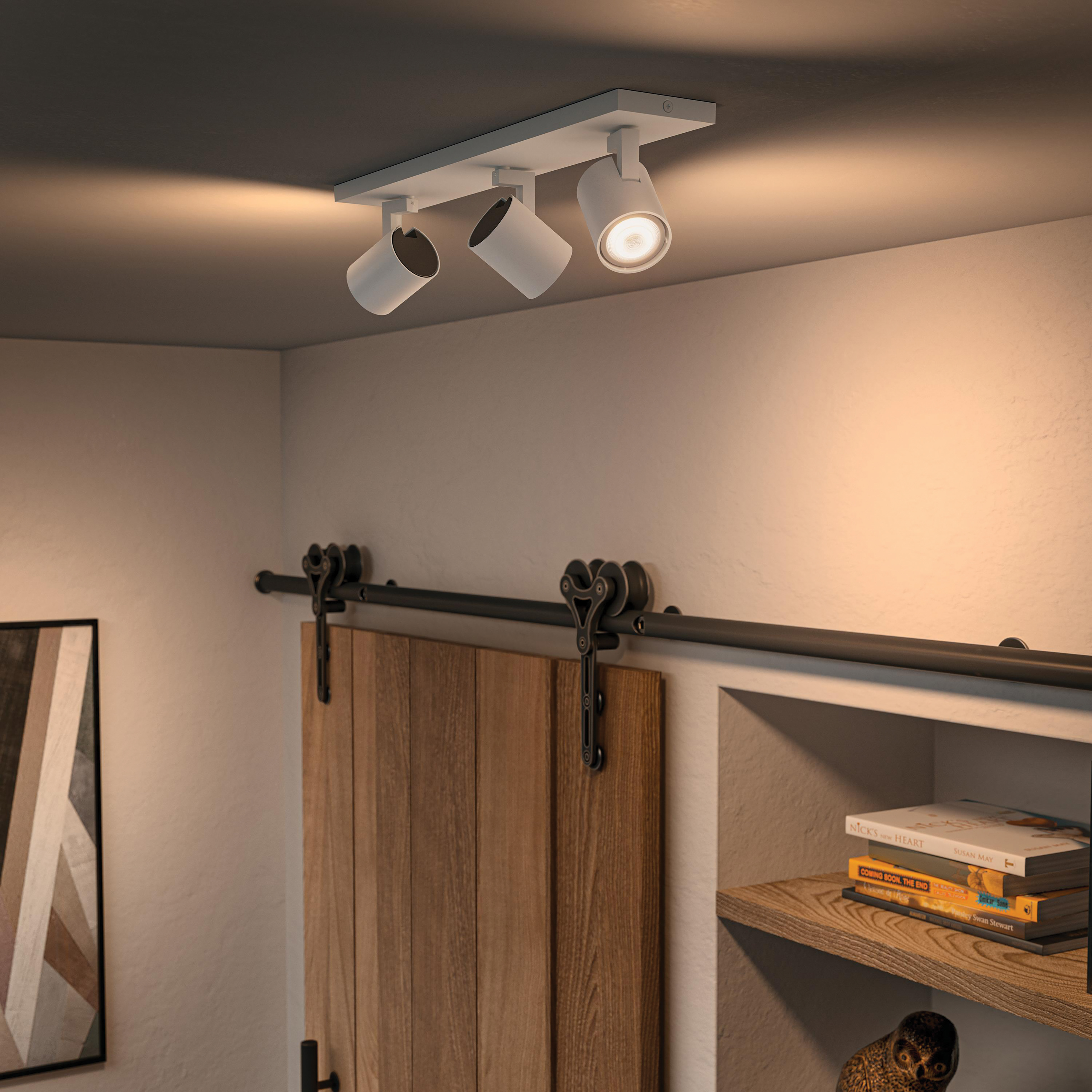 Decken-Spotlights, an einem weißen Balken montiert. Sie zeigen nach unten. Die Szene beinhaltet eine Holztür.