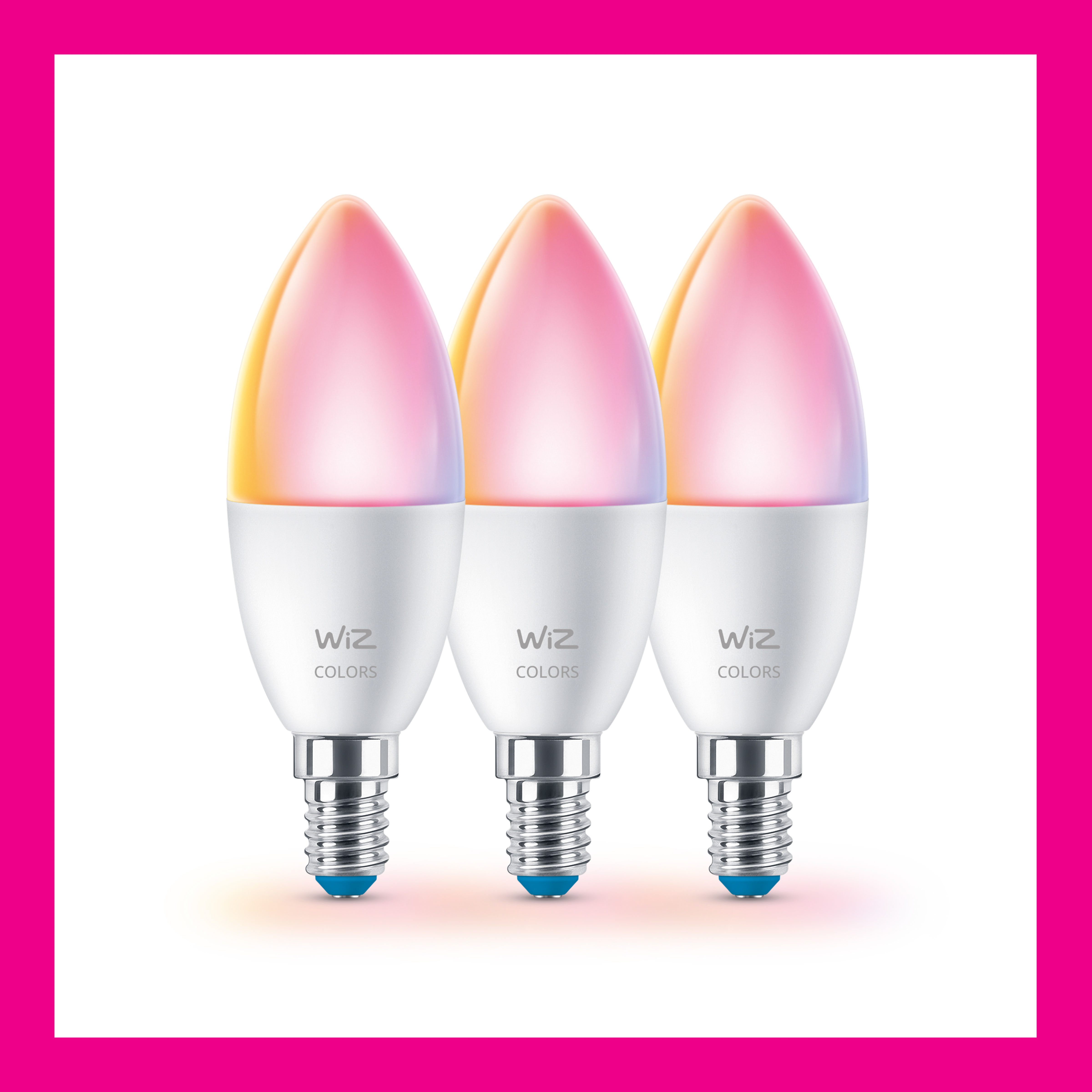 Drie slimme gloeilampen, wit met gekleurd licht. De lampen staan in een roze kader.