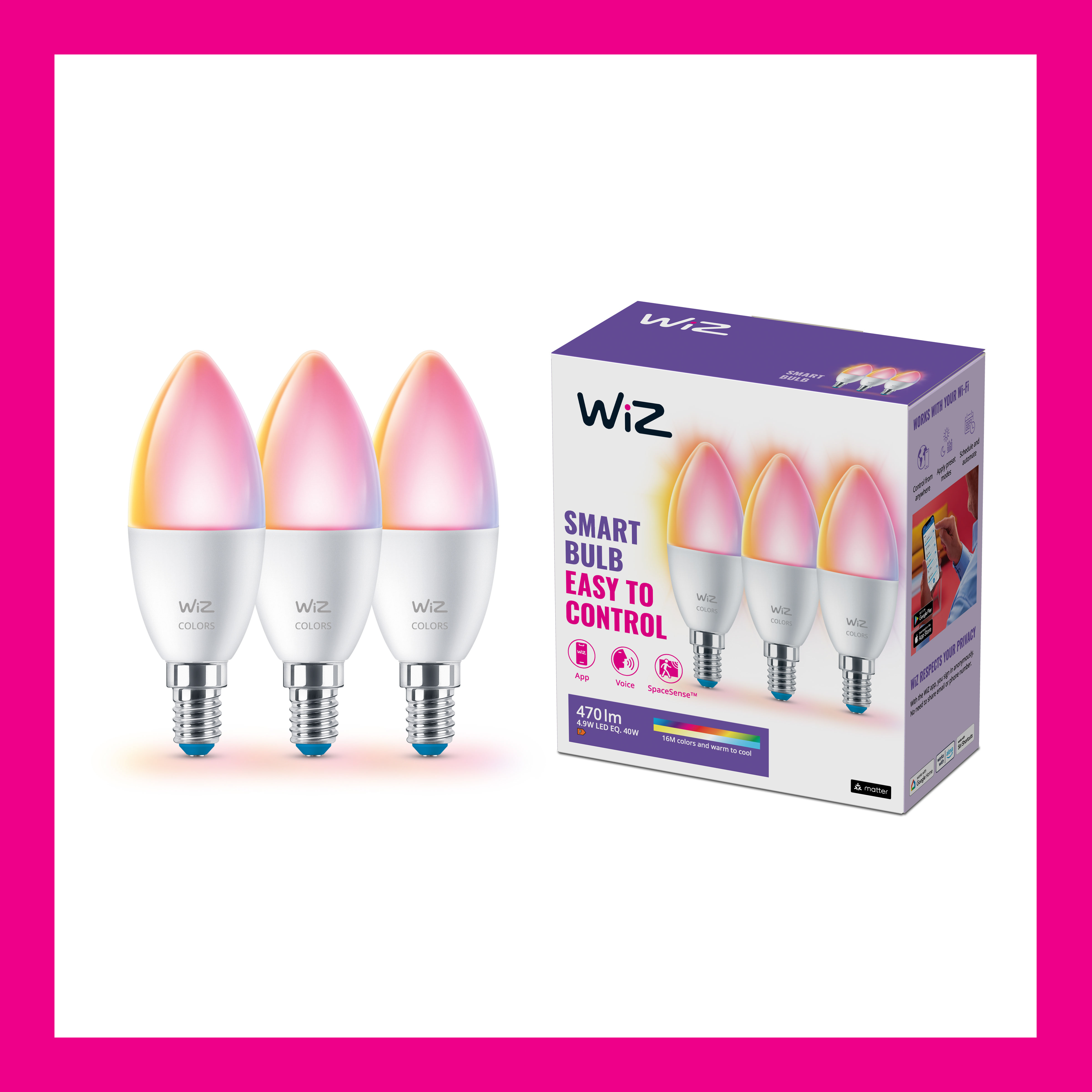 Drie slimme lampen met kleurrijk licht, naast een doos. Doos zegt: 'Smart Bulb Easy to Control'.