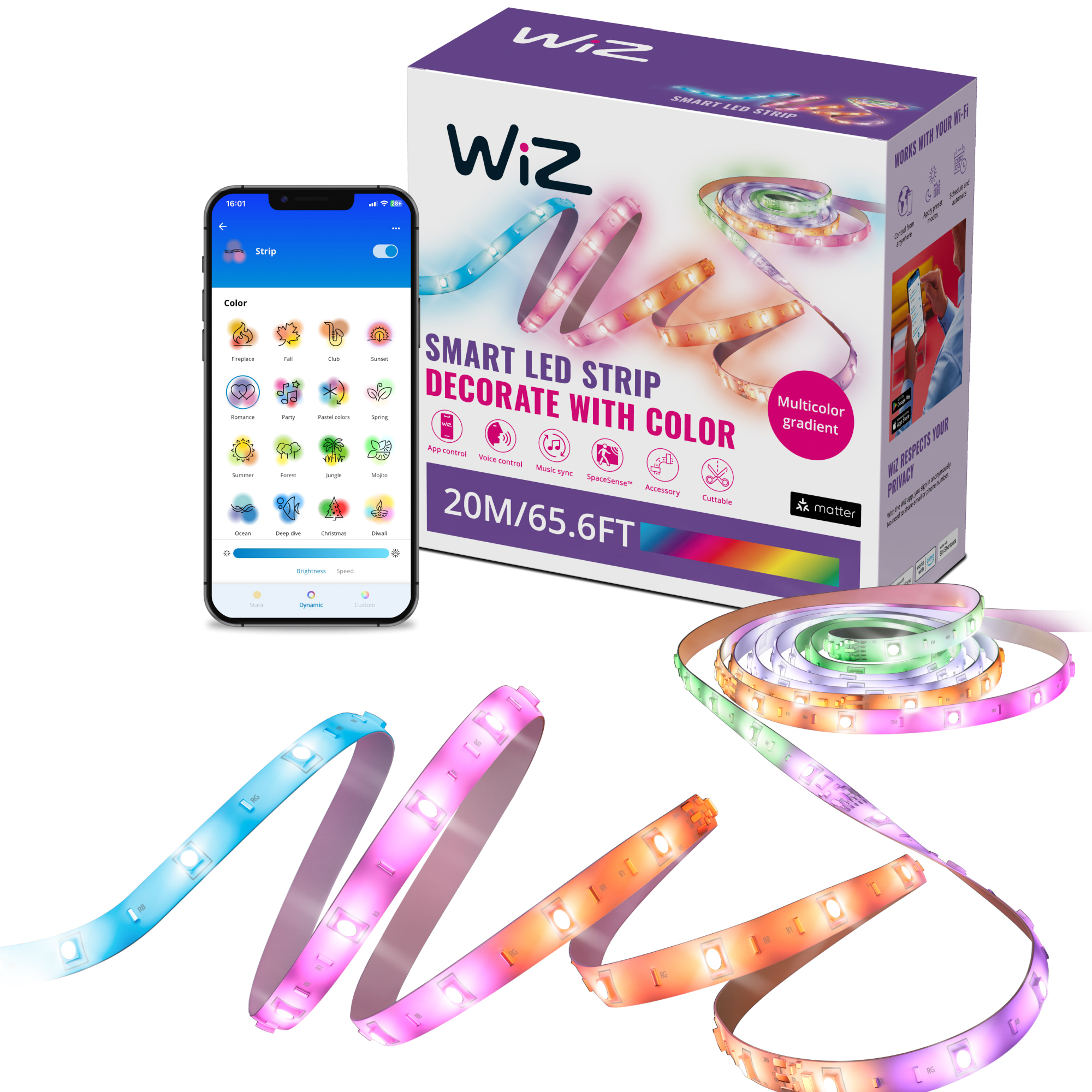 A smartphone shows a smart LED strip. Several colorful light strips and a box are present.