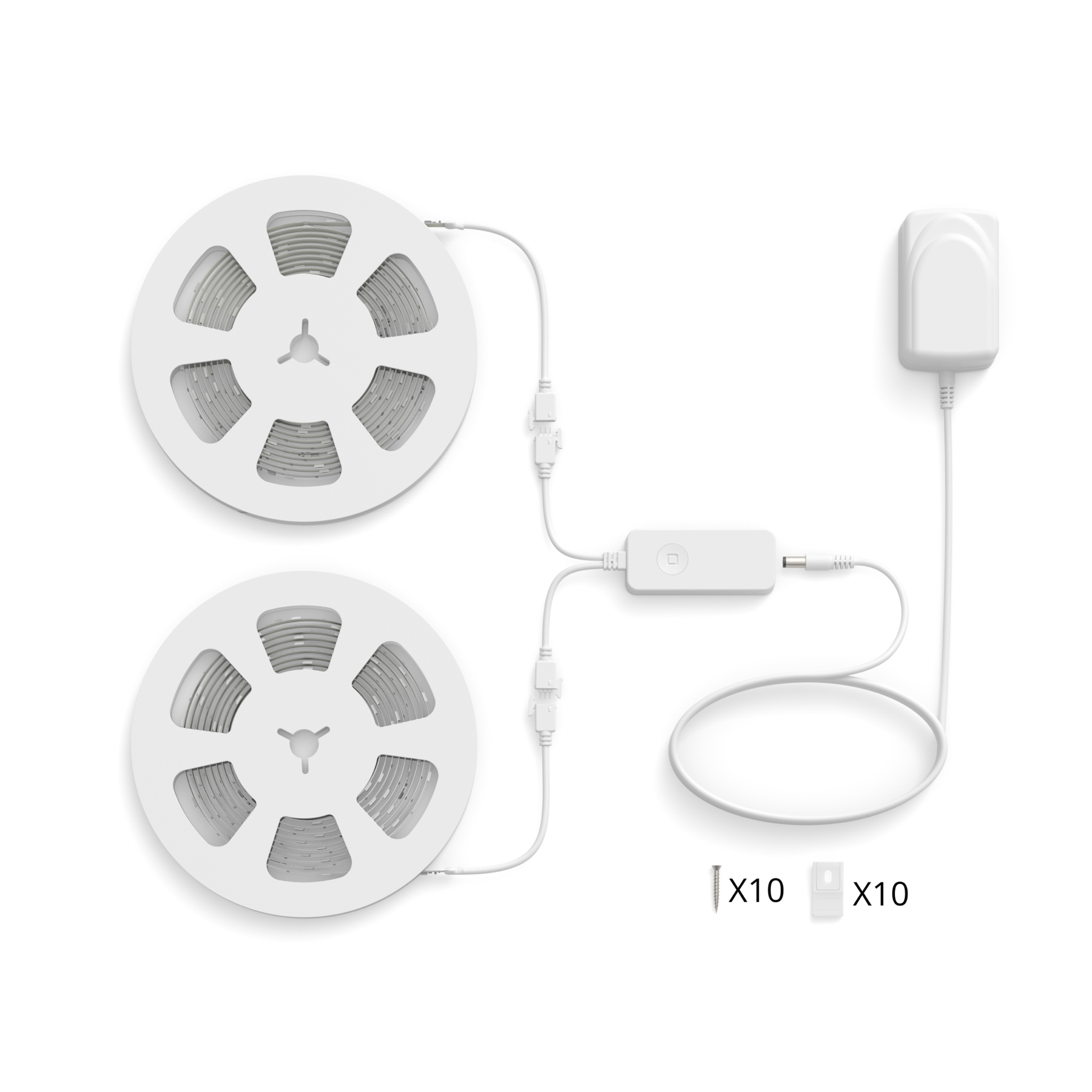 LED strip lights with connectors and power supply. Two rolls of white light strip are visible.