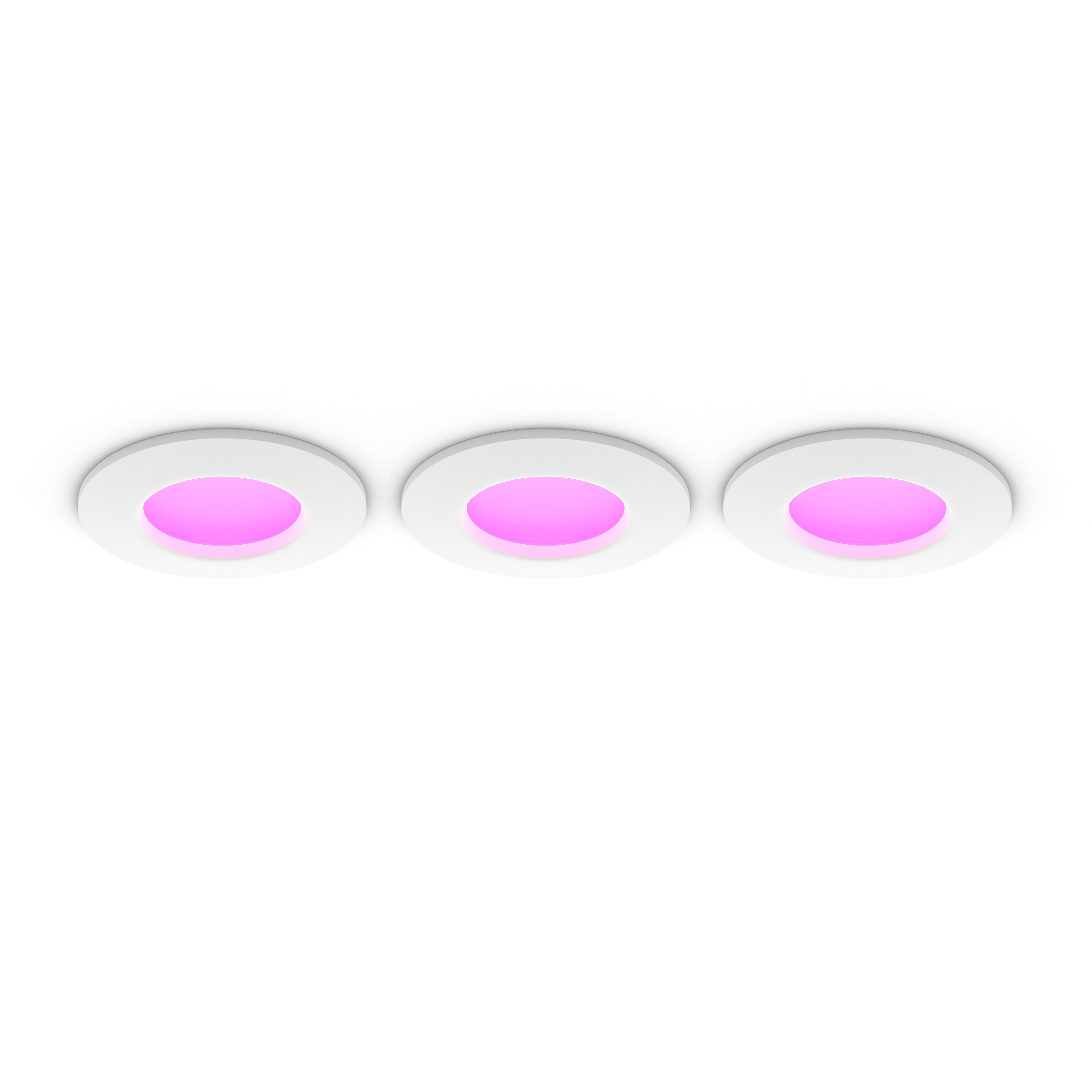 Trois spots encastrés blancs avec des centres roses, sur fond blanc.