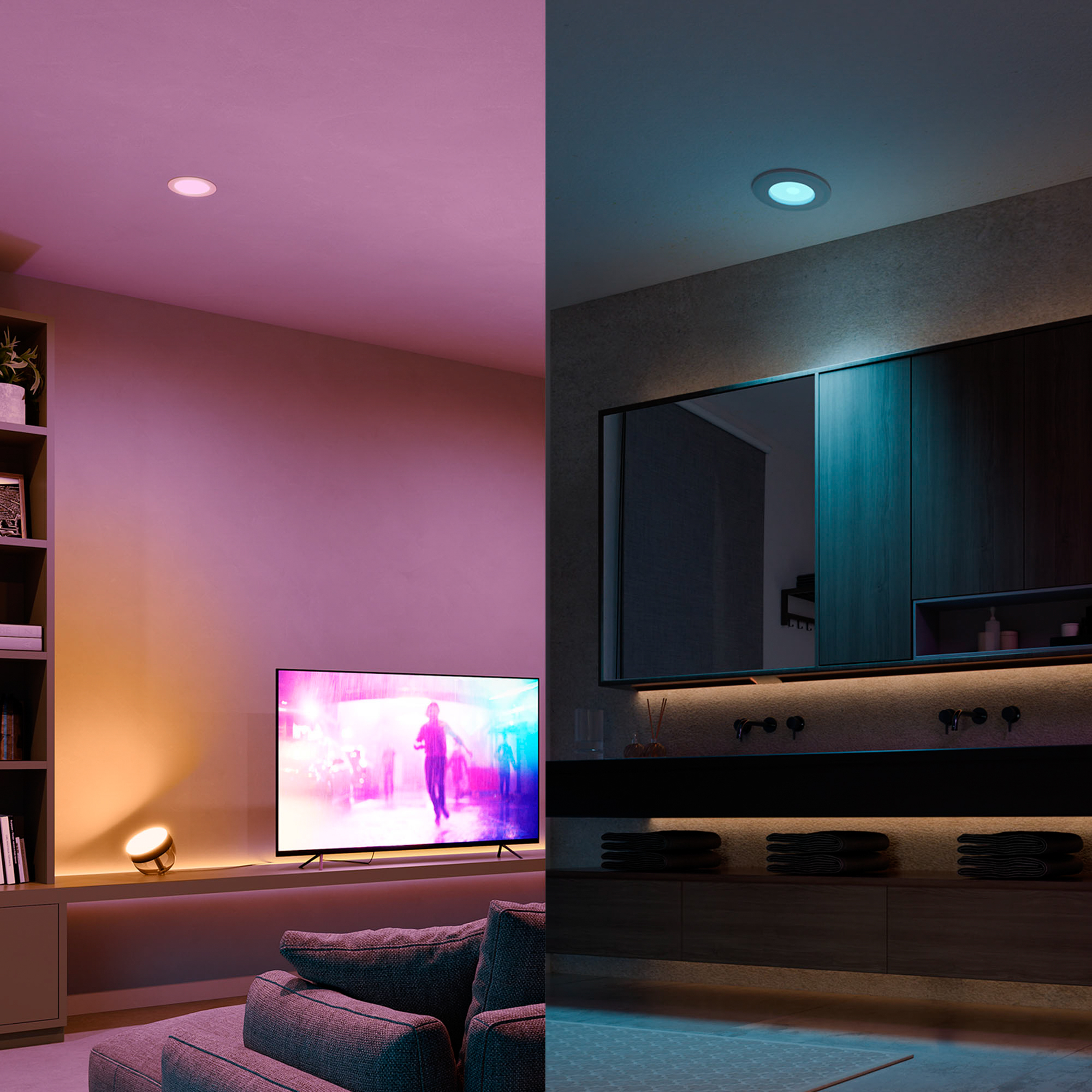 Deux scènes intérieures éclairées par différents éclairages, une à gauche avec une lumière chaude et une à droite avec une lumière froide.