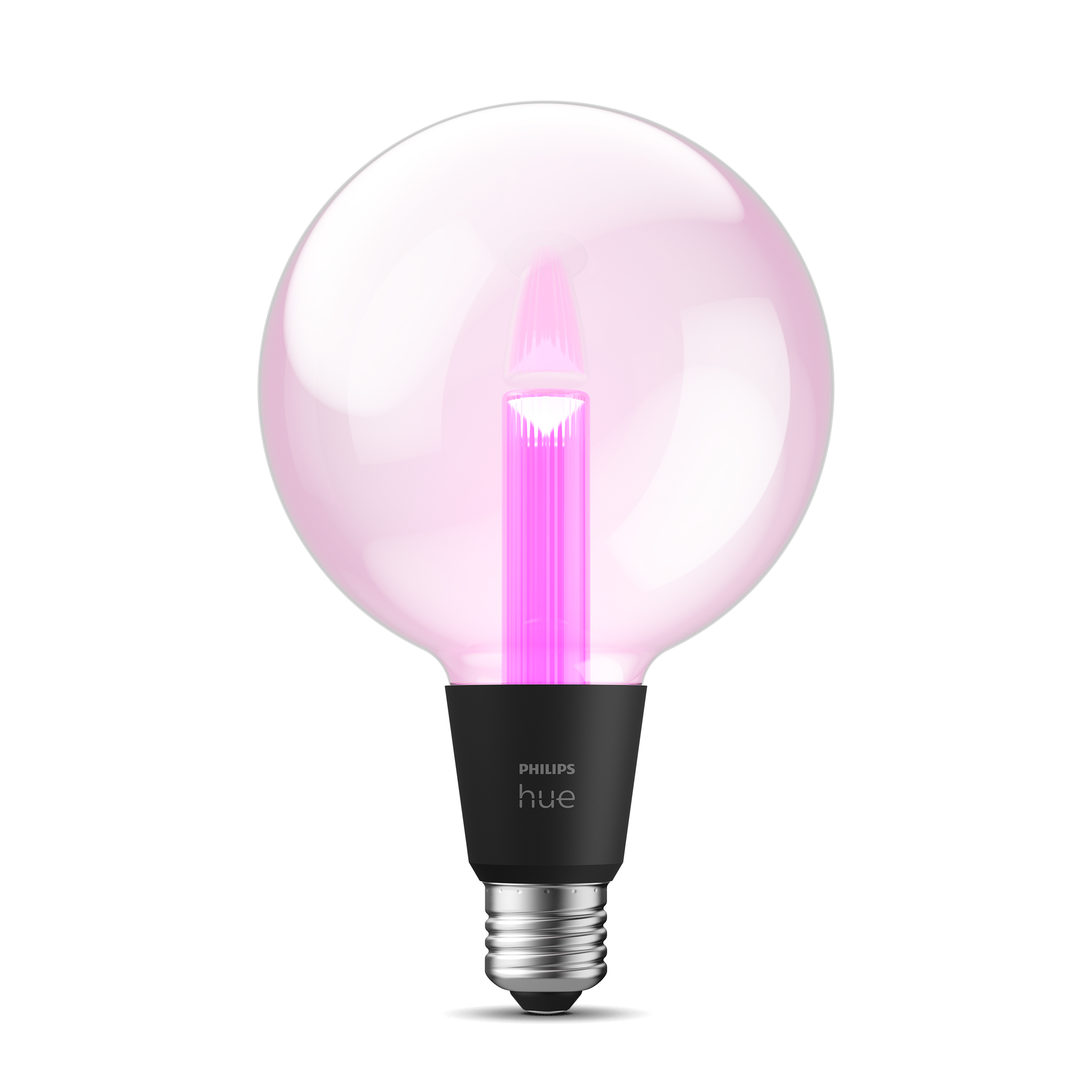 Różowa żarówka Philips Hue, z czarną podstawą, na białym tle.