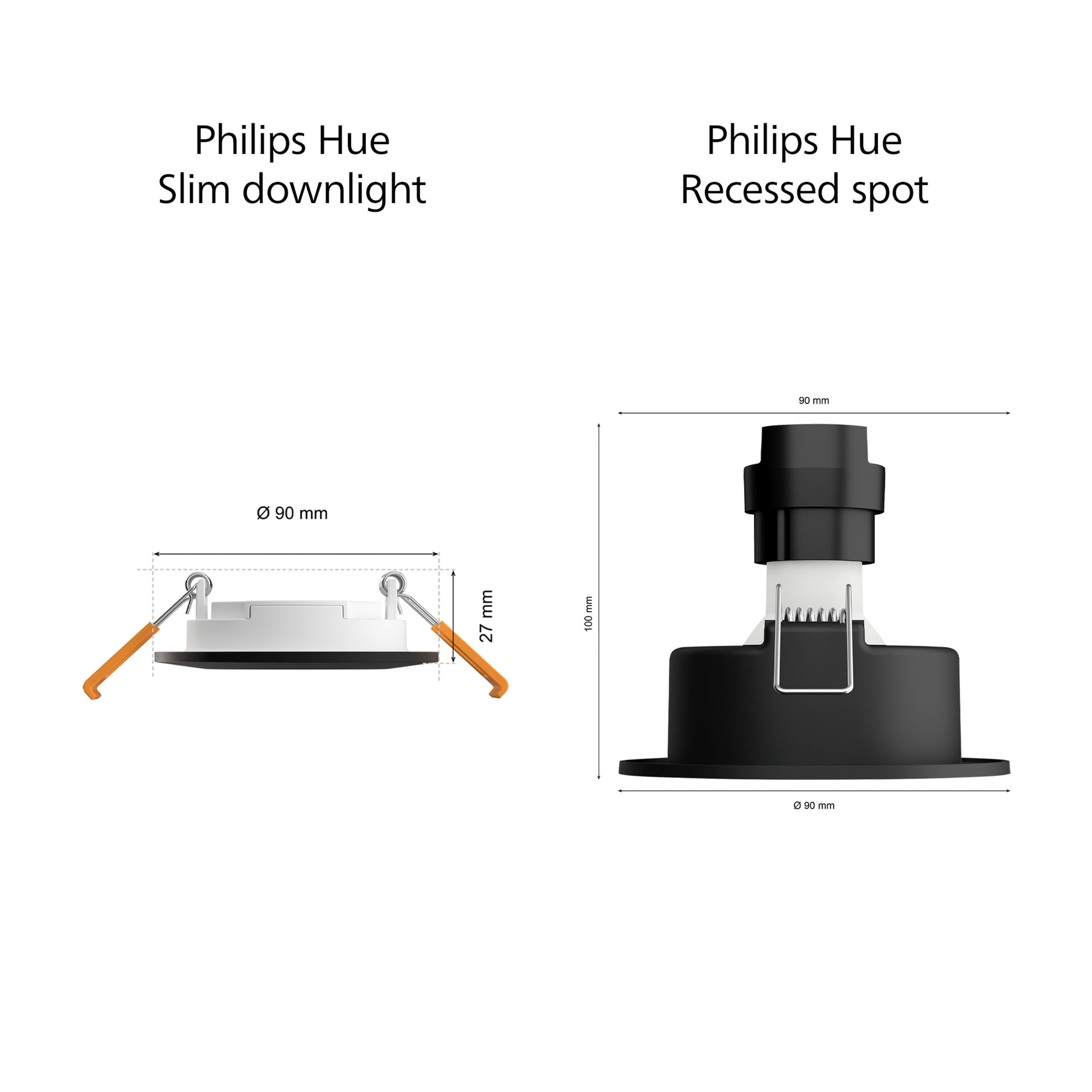 Diagramme du Philips Hue slim downlight et spot encastré. Dimensions et descriptions.