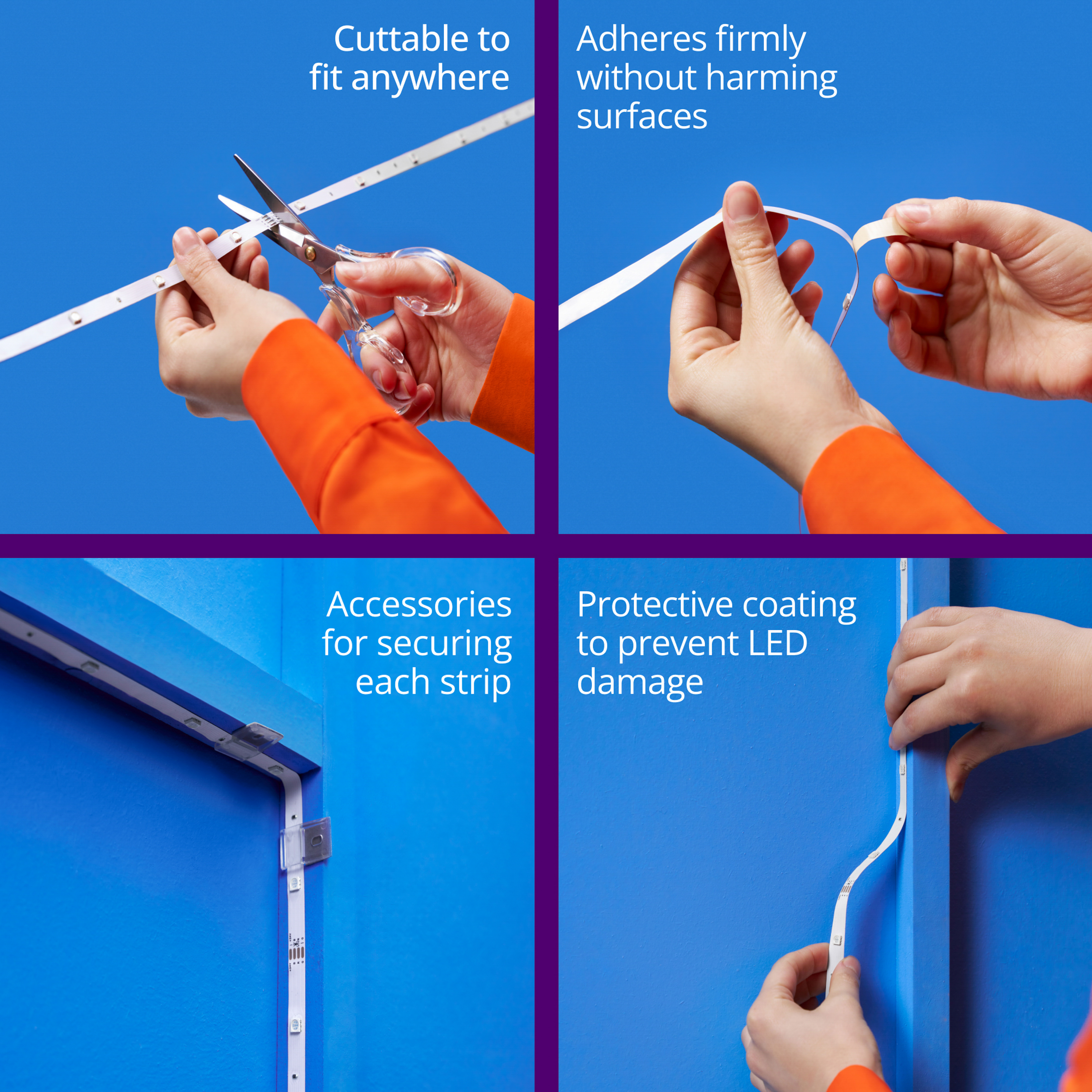 Images show LED strip installation: cutting with scissors, adhering to a surface, attaching accessories, and the protective coating.