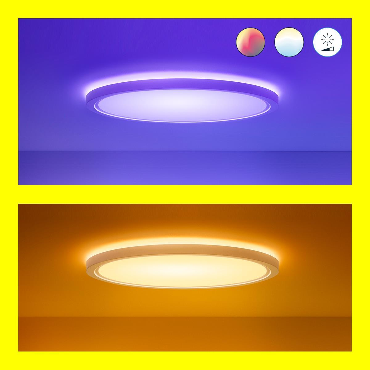 Twee afbeeldingen van een cirkelvormige plafondlamp die verschillende kleurtemperaturen toont: paars en oranje.