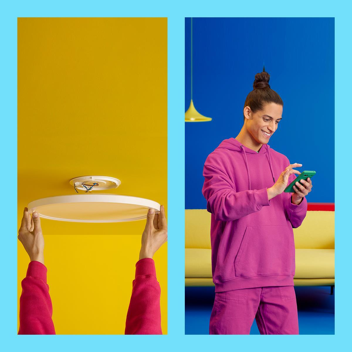 Twee afbeeldingen. Een persoon installeert een plafondlamp en een persoon gebruikt een telefoon bij een gele bank.