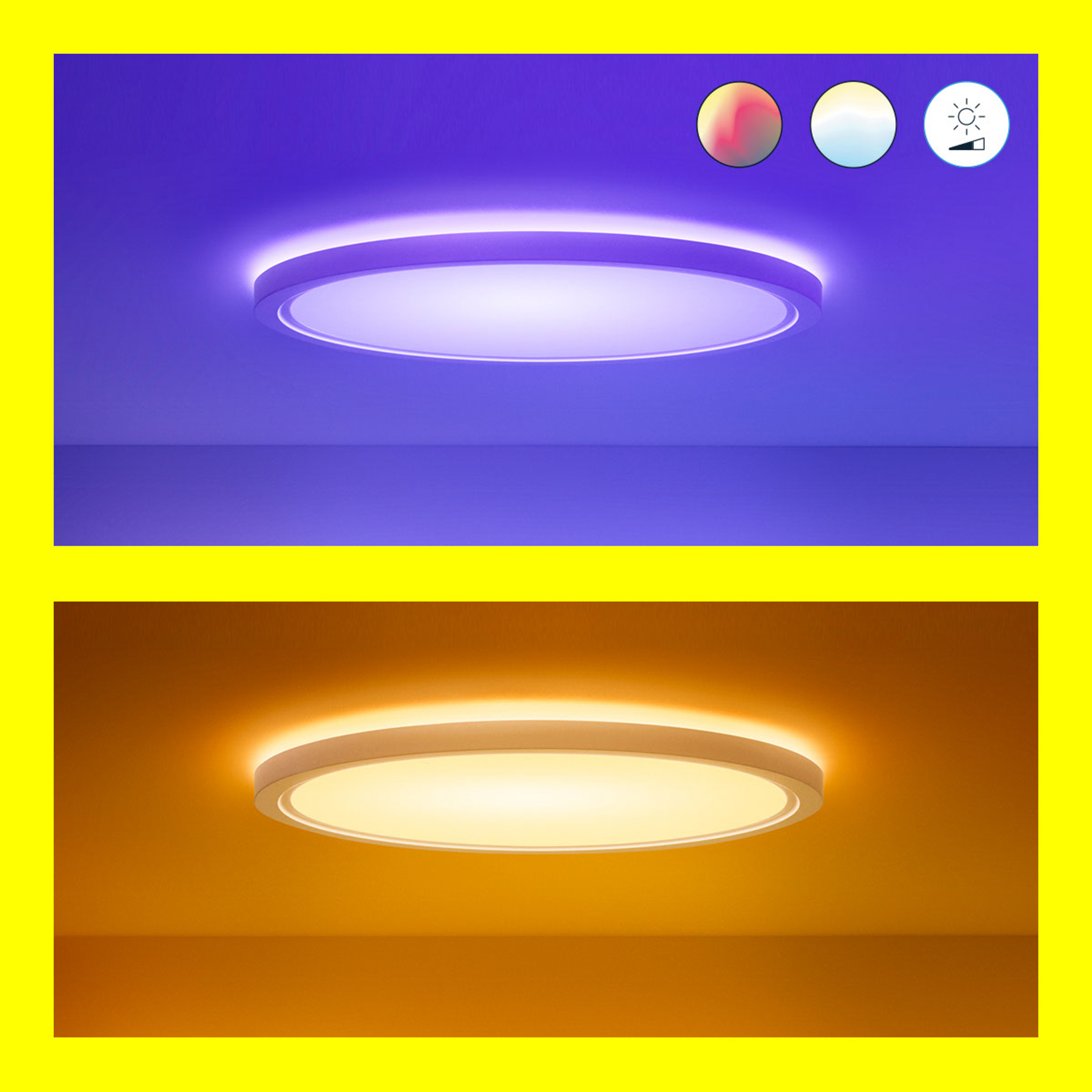 Twee cirkelvormige plafondlampen met kleurvariaties. Eén is blauw, de andere is oranje.