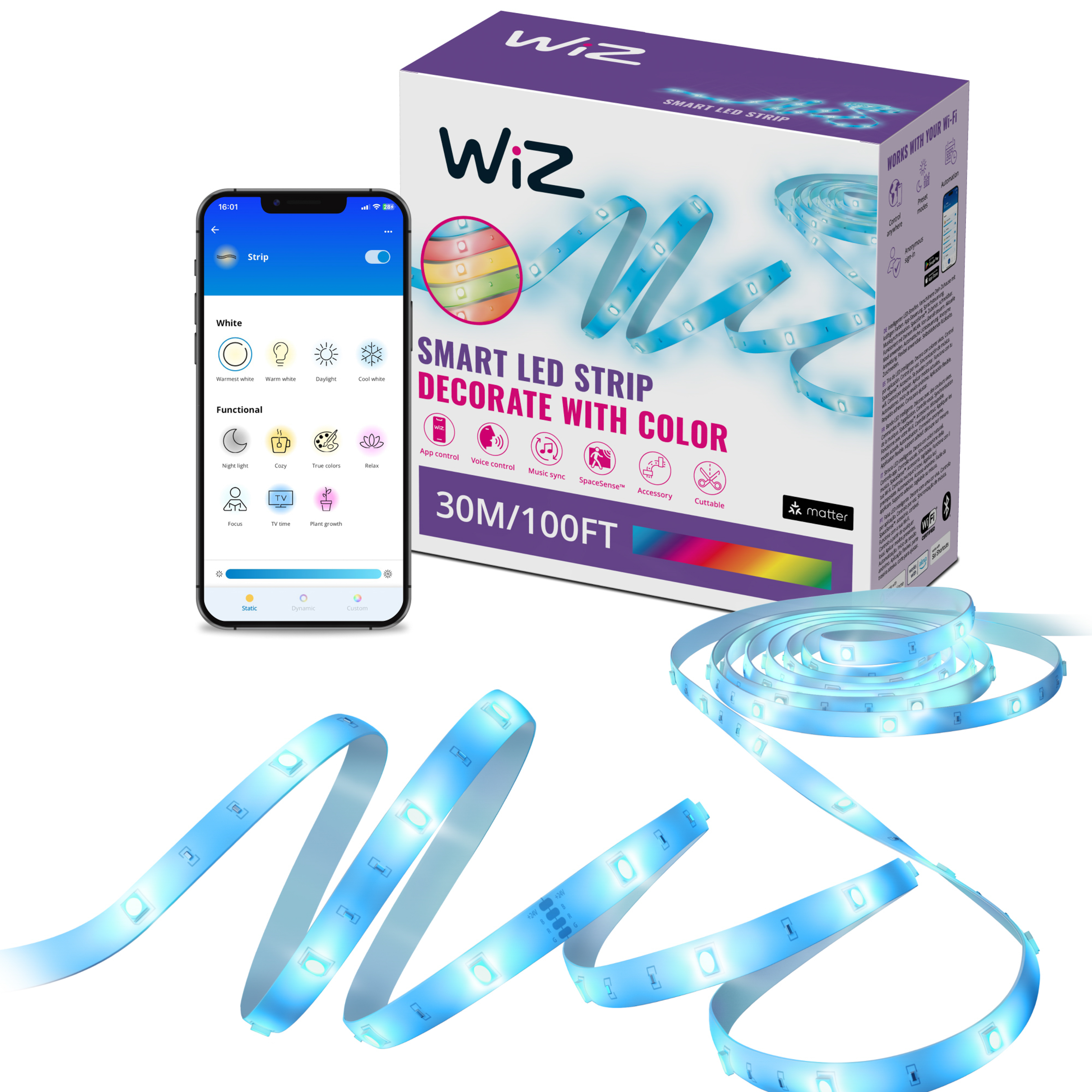 A smart LED strip in a box with a phone showing the app interface.