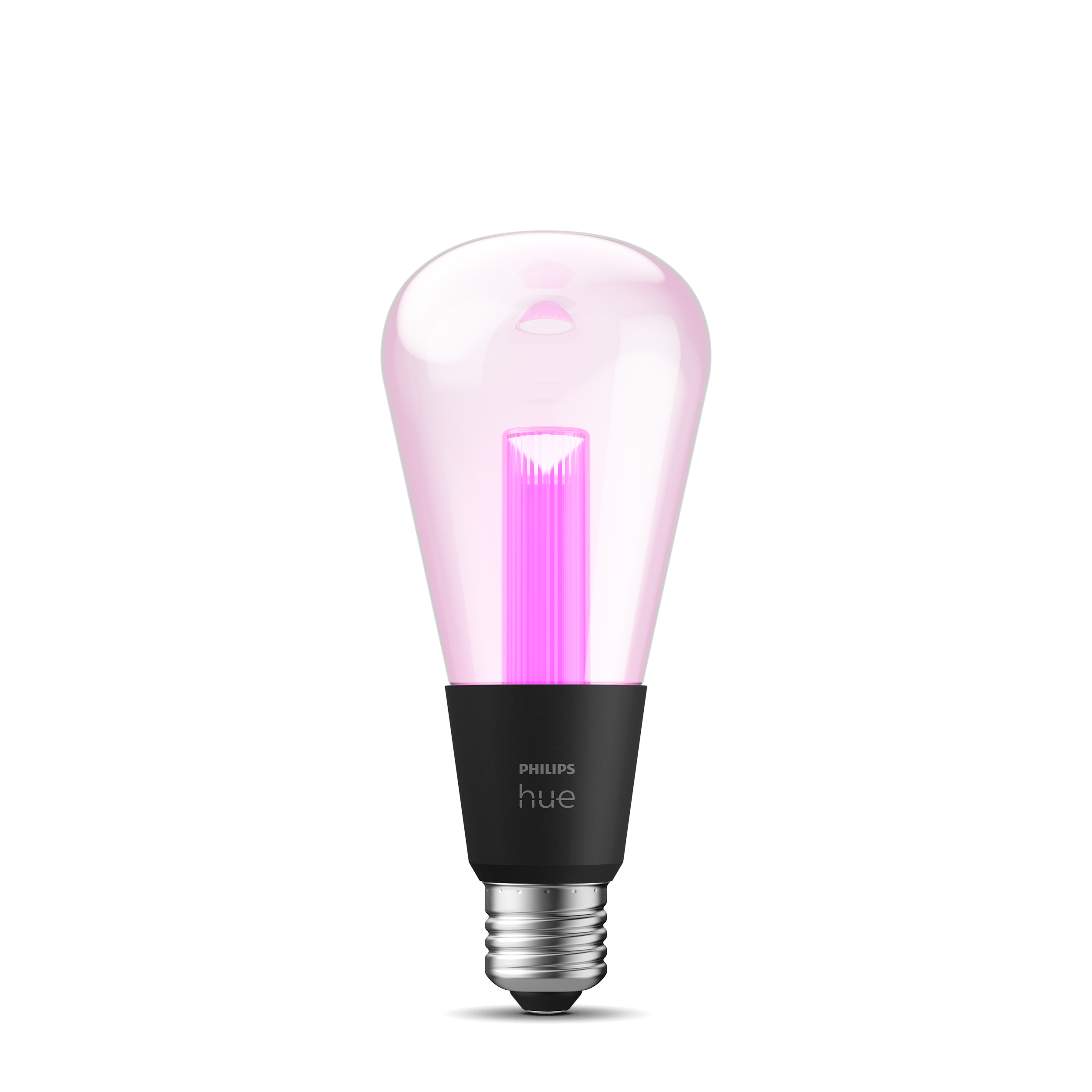 Różowa żarówka Philips Hue z czarną podstawą na białym tle.