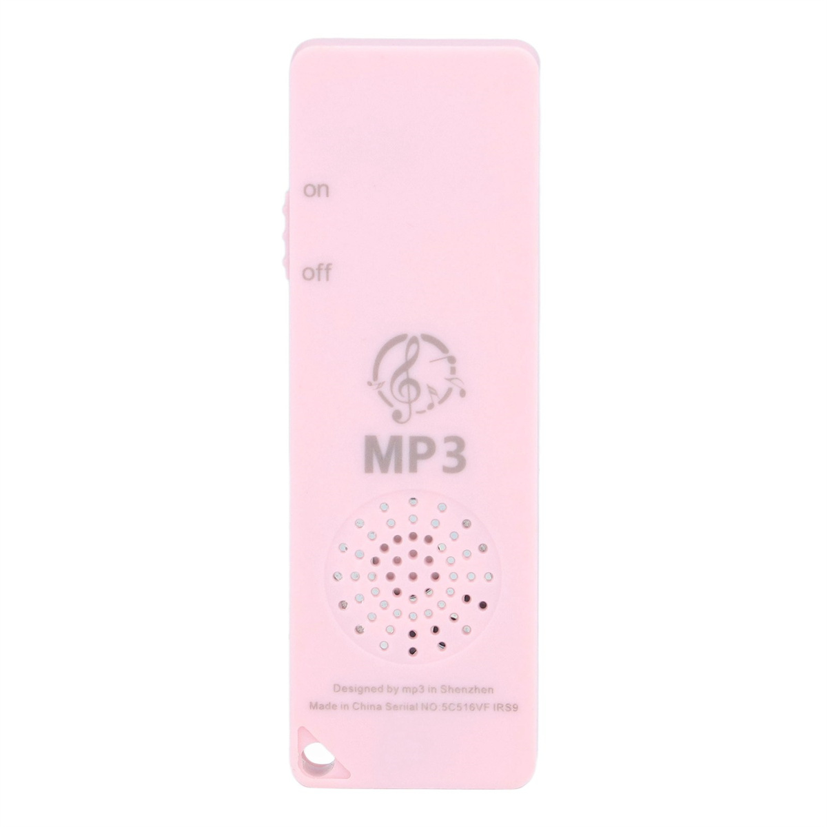 Rosa MP3-Player. Ein-/Ausschalter und Lautsprecher. Musiknoten-Design. Weißer Hintergrund.