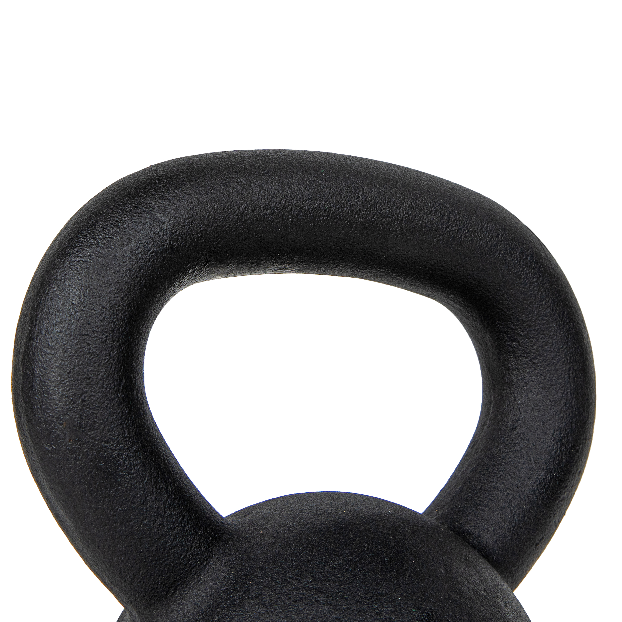Eine schwarze Kettlebell mit dickem Griff. Es ist vor einem weißen Hintergrund platziert.