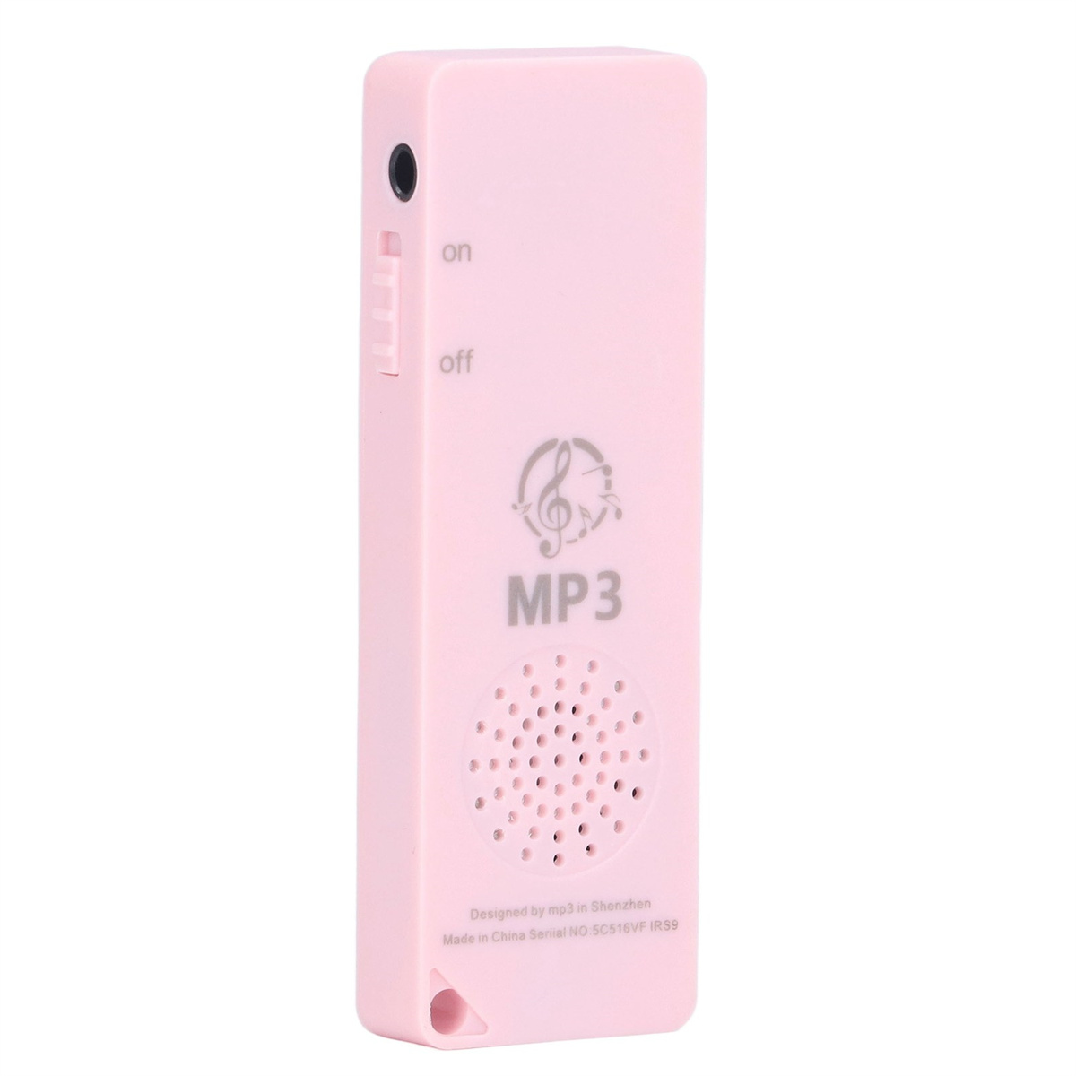 Rosa MP3-Player. Er hat einen Bildschirm, Knöpfe und einen Lautsprecher. Entworfen in Shenzhen.