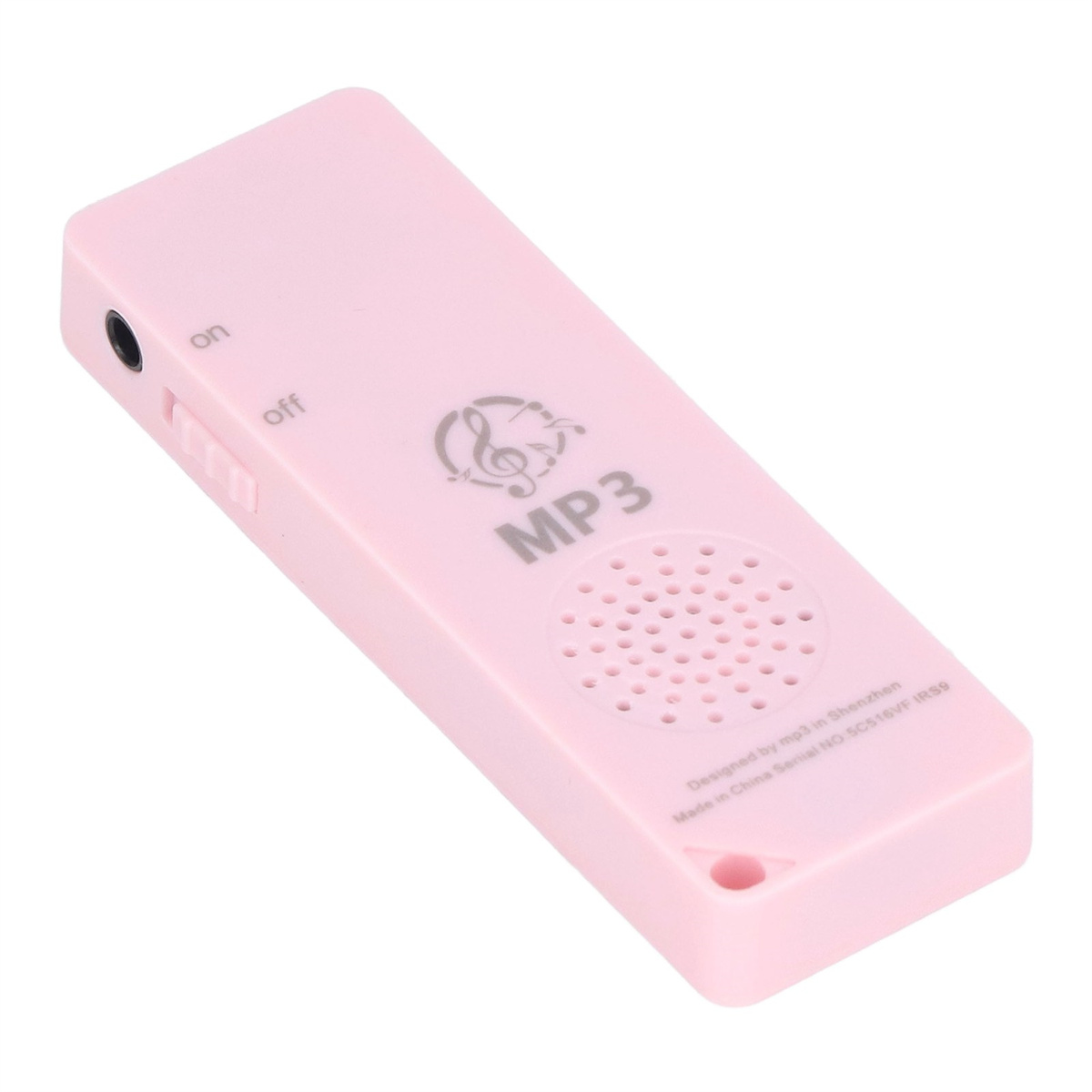 Ein rosa MP3-Player mit Ein-/Ausschalter und Lautsprecher.