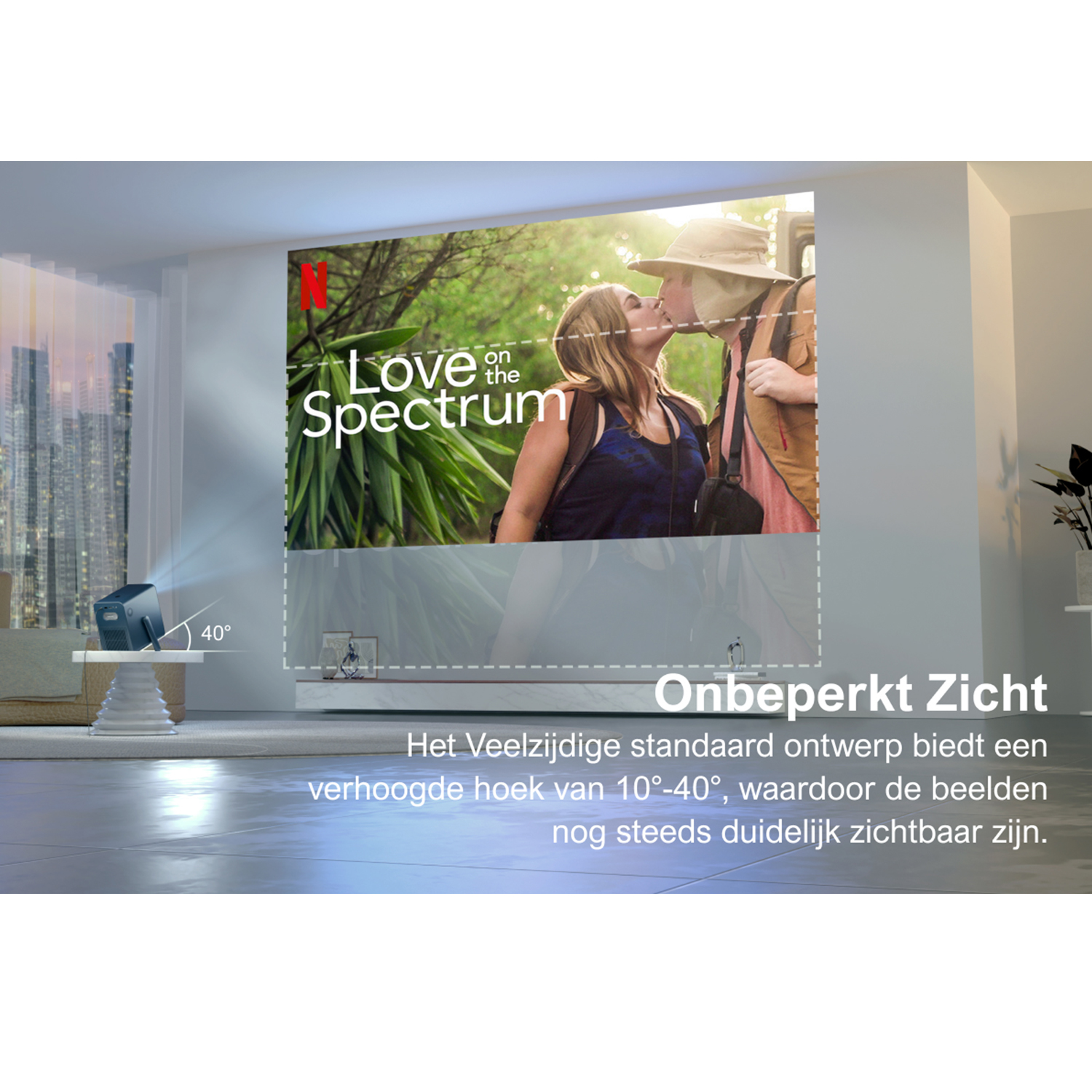 Een projector toont een film op een muur. Tekst: Love on the Spectrum. Nederlandse tekst eronder.