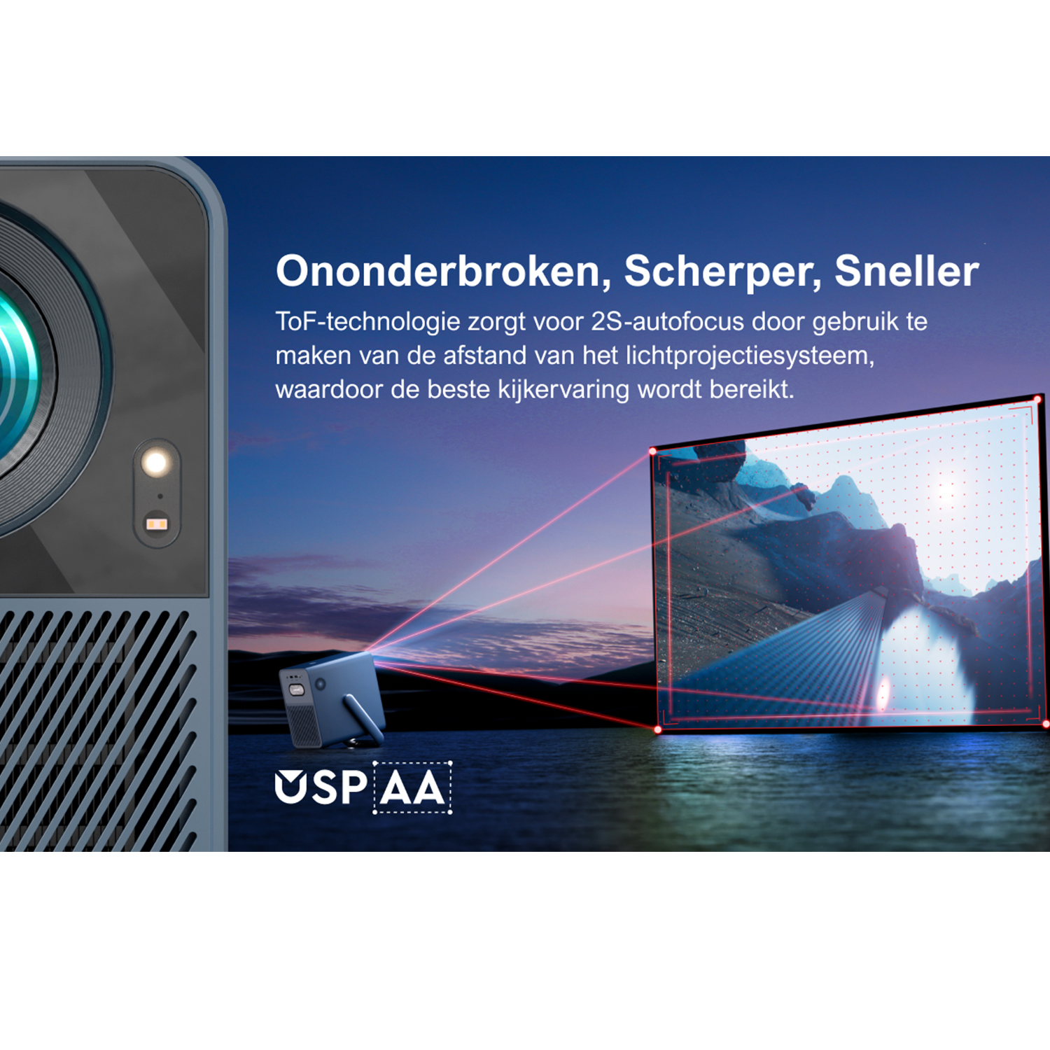 Een blauwe projector met een geprojecteerd beeld op een scherm. De afbeelding toont een landschap.