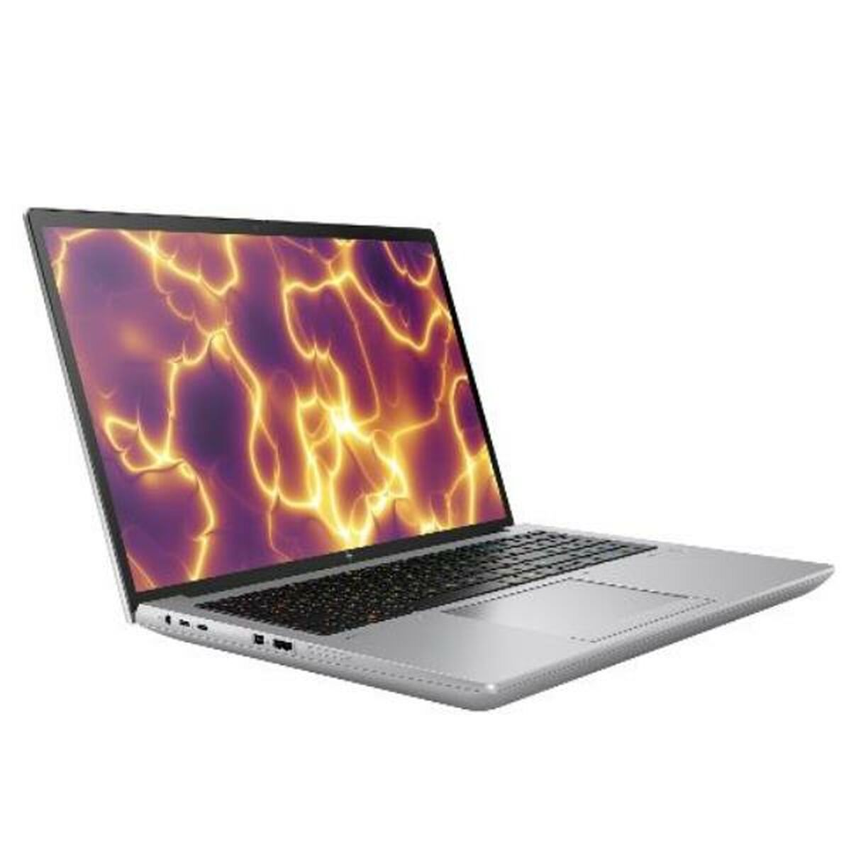 Srebrny laptop wyświetlający na ekranie żywy, ognisty abstrakcyjny wzór.