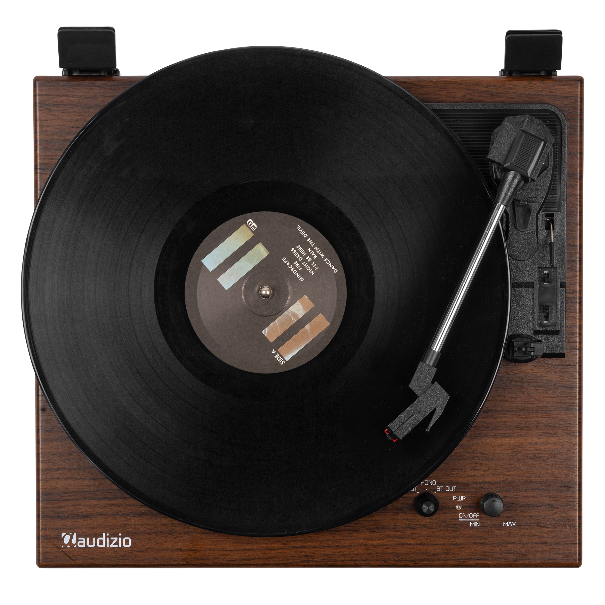 Plattenspieler aus Holz mit einer Vinyl-Schallplatte. Der Plattenspielerarm ist auf der Platte positioniert.
