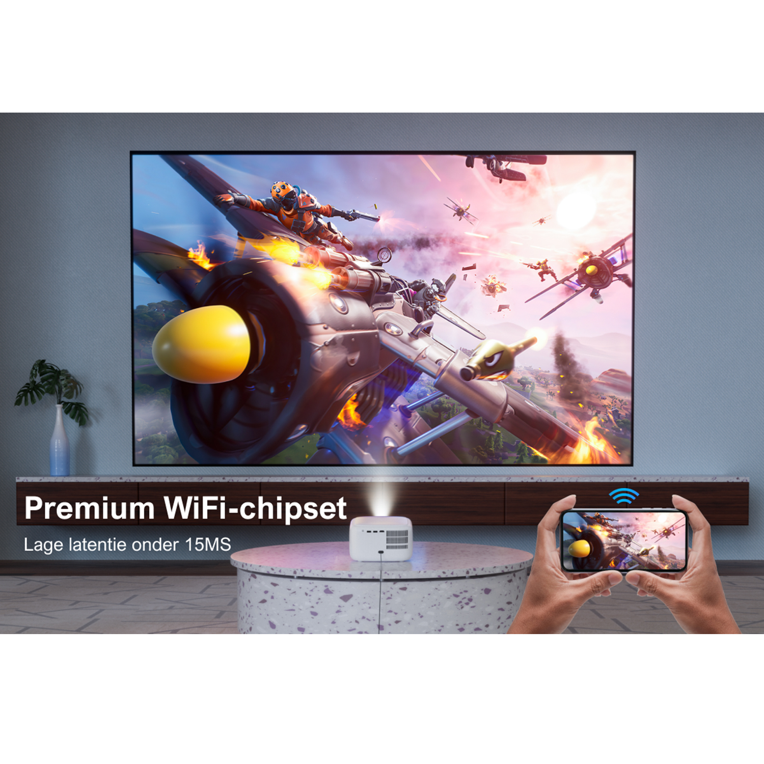 A projector displays a colorful image on a screen, showing a video game scene.
